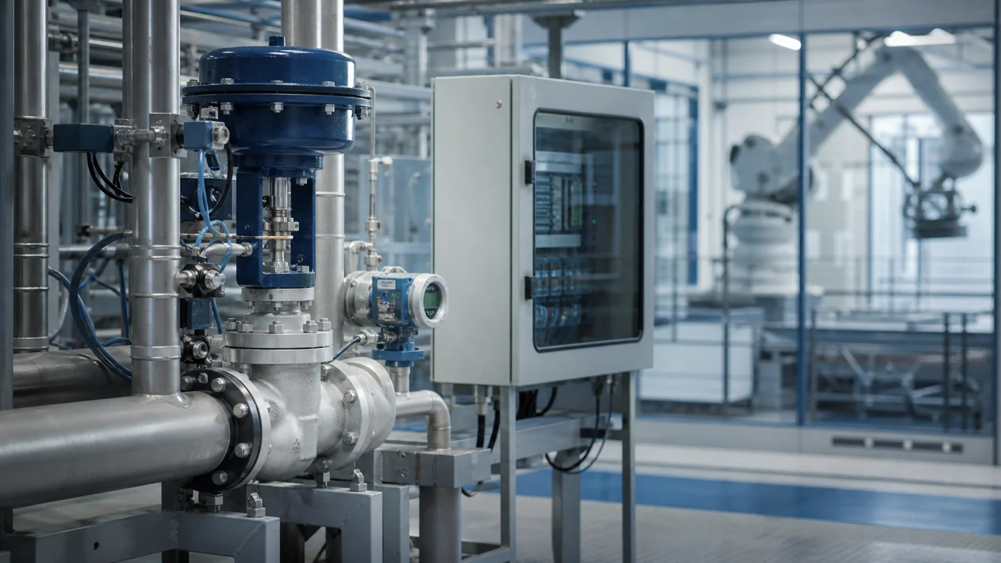Editorial illustration of an industrial flow-control valve actuator with a robot arm separated in the background