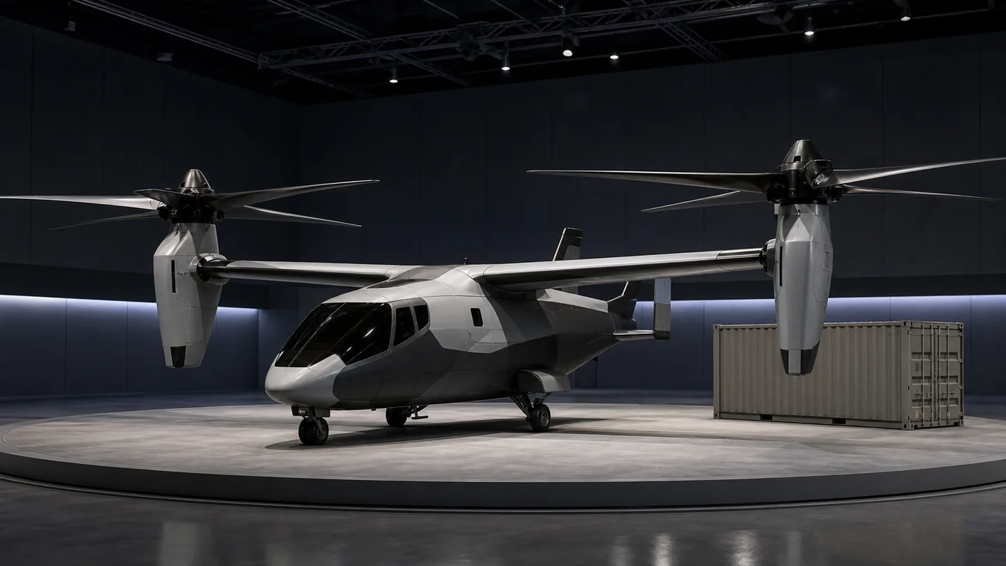 Conceptual twin-tiltrotor aircraft model parked on a dark aerospace exhibition platform beside a shipping container