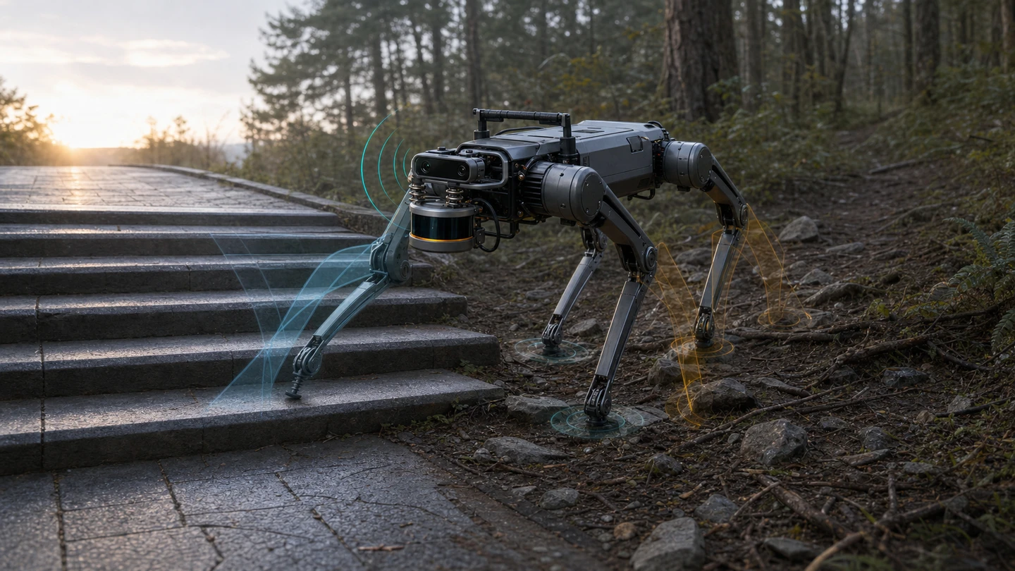Conceptual illustration of one quadruped robot moving between outdoor stairs and a forest trail with ghosted gait traces and a spring-mounted front sensor