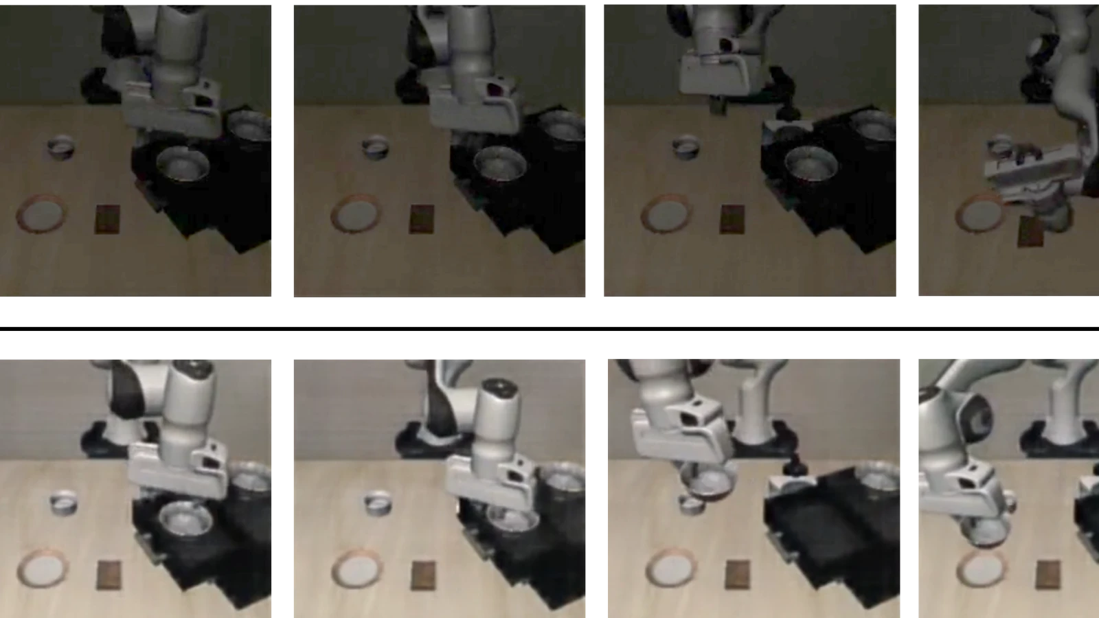 Photograph frames show a white Astribot S1 robot arm moving objects beside a black tray in the paper’s tabletop experiments.