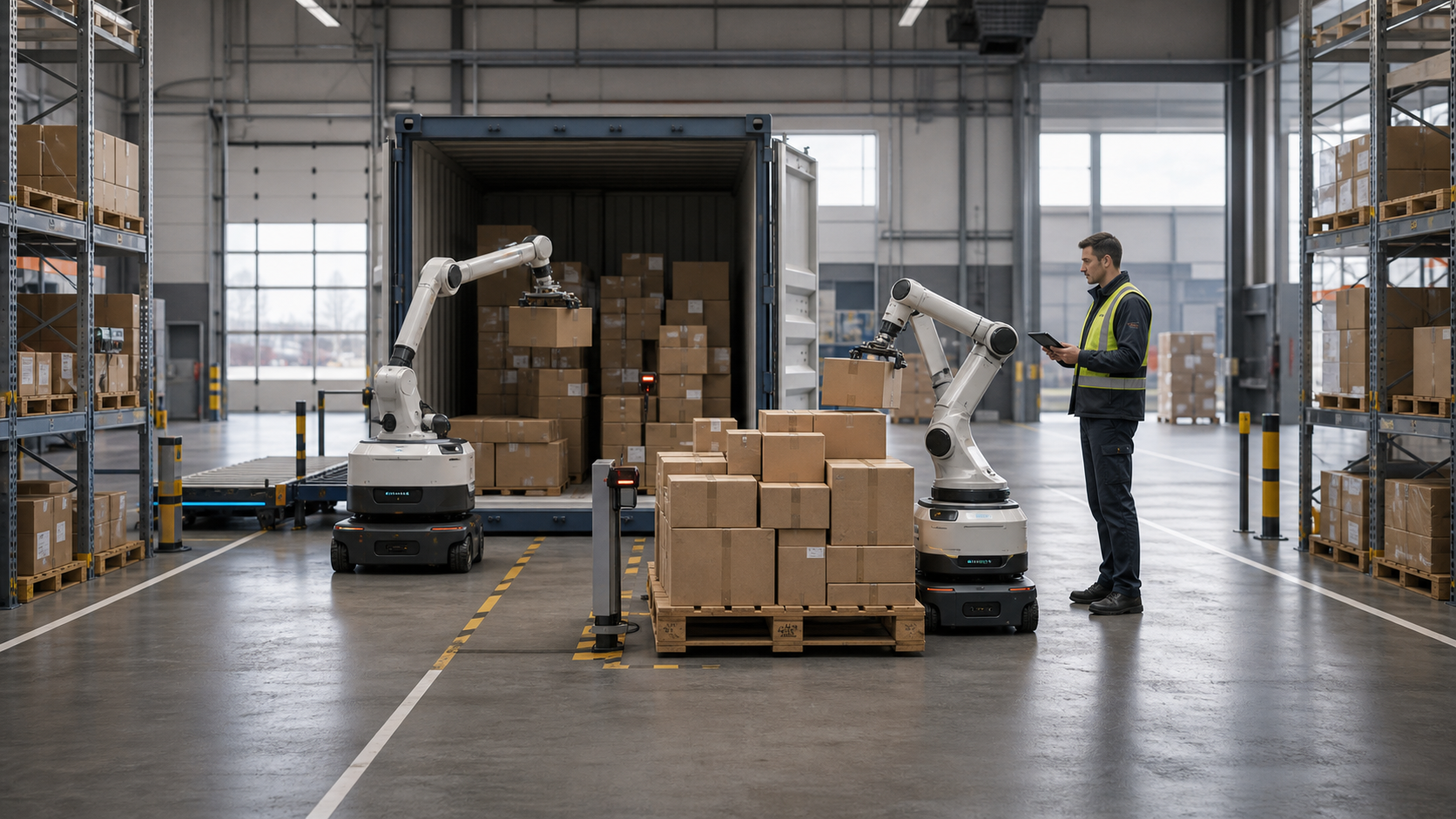 Two mobile manipulation robots unload and palletize unbranded cartons while a warehouse operator supervises with a tablet.
