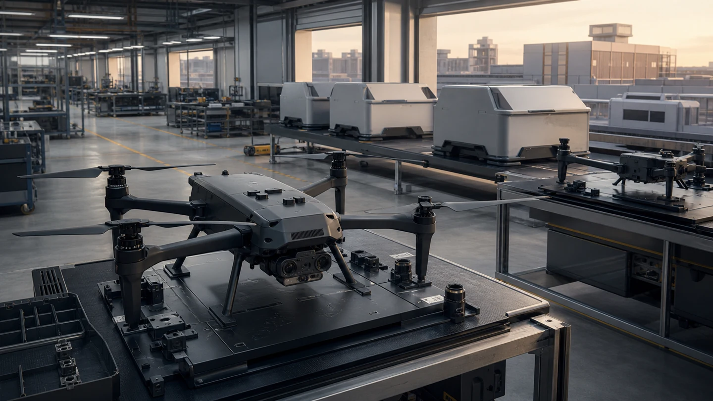 Editorial illustration of generic public-safety drones and docking enclosures on an assembly floor