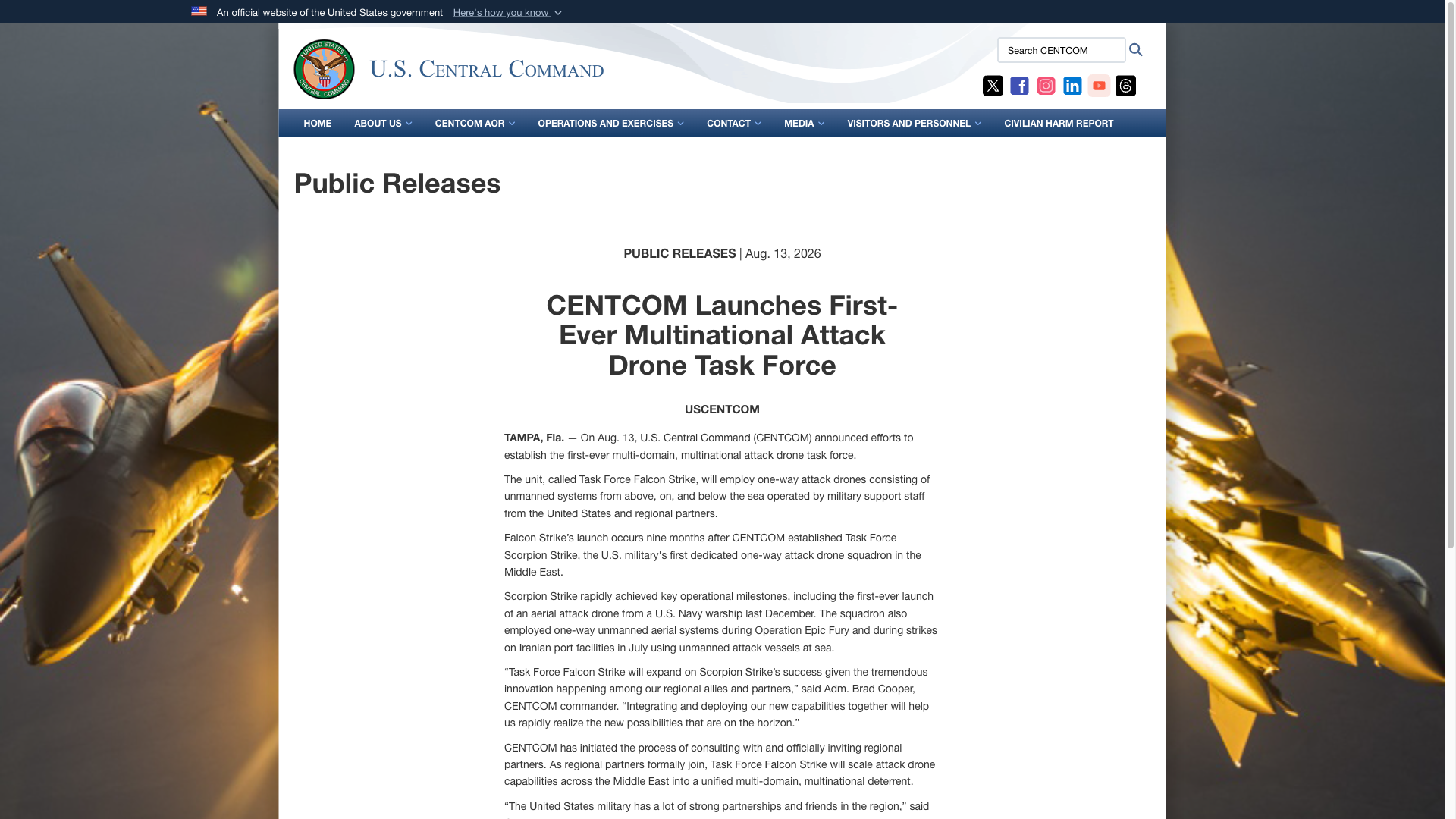 Screenshot of the U.S. Central Command public release dated August 13, 2026, announcing Task Force Falcon Strike.