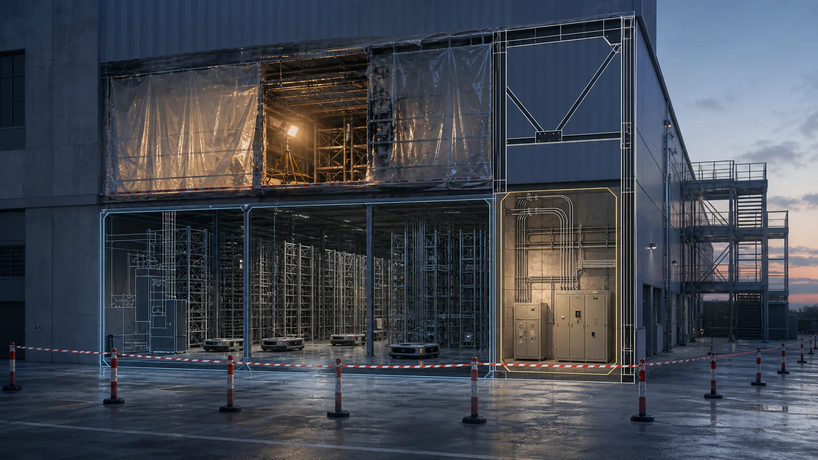 Editorial illustration of an automated warehouse under post-fire inspection, with inactive mobile robots behind a safety boundary and highlighted structural and electrical systems.