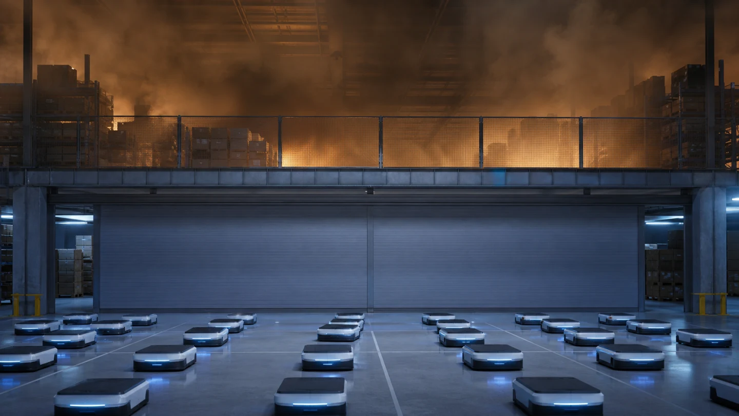 Conceptual warehouse illustration with intact mobile robots below a closed fire barrier and smoke on the floor above
