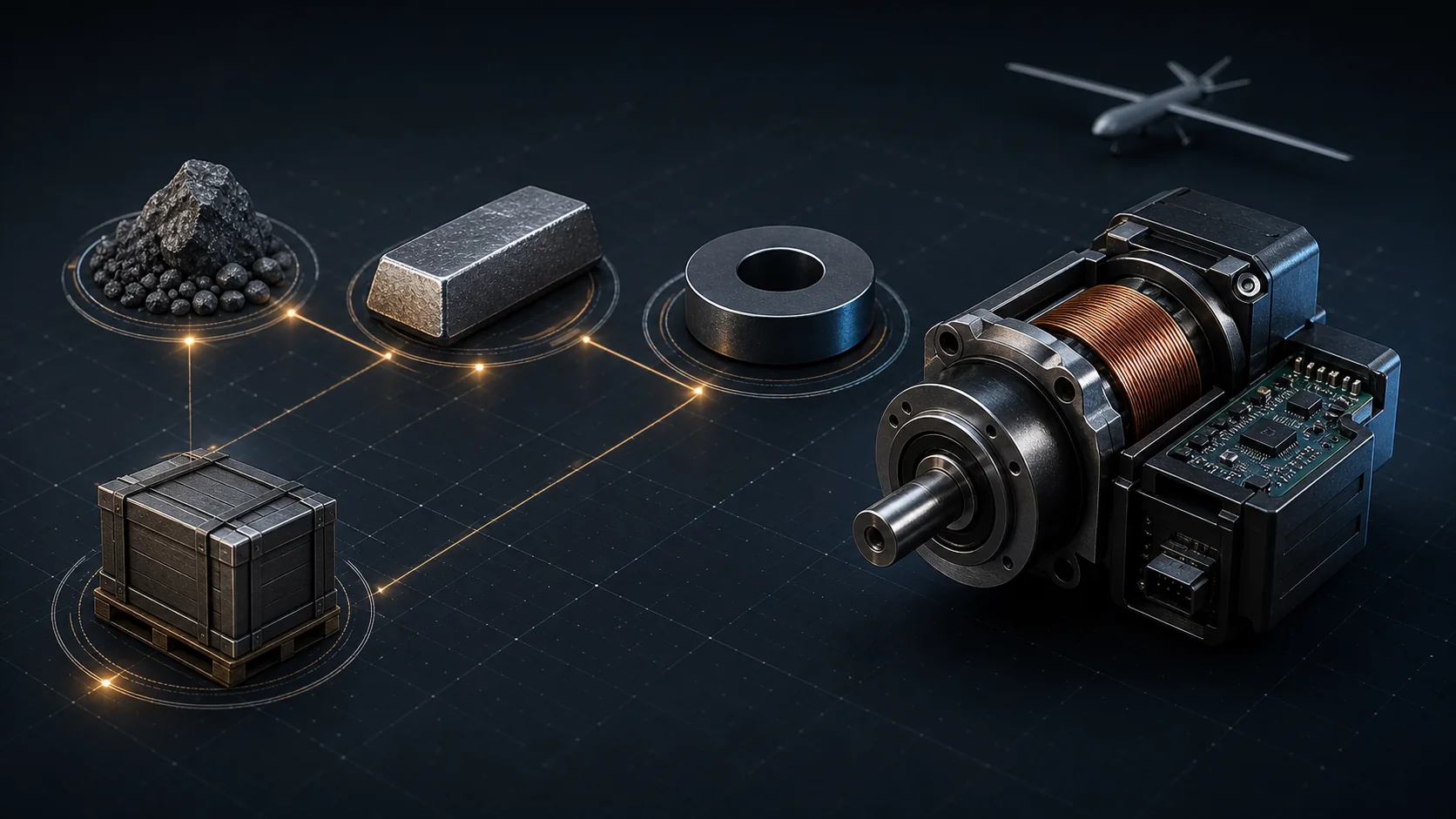 A generic raw-material mineral, metal ingot, ring magnet and unbranded actuator arranged as a traceable supply chain