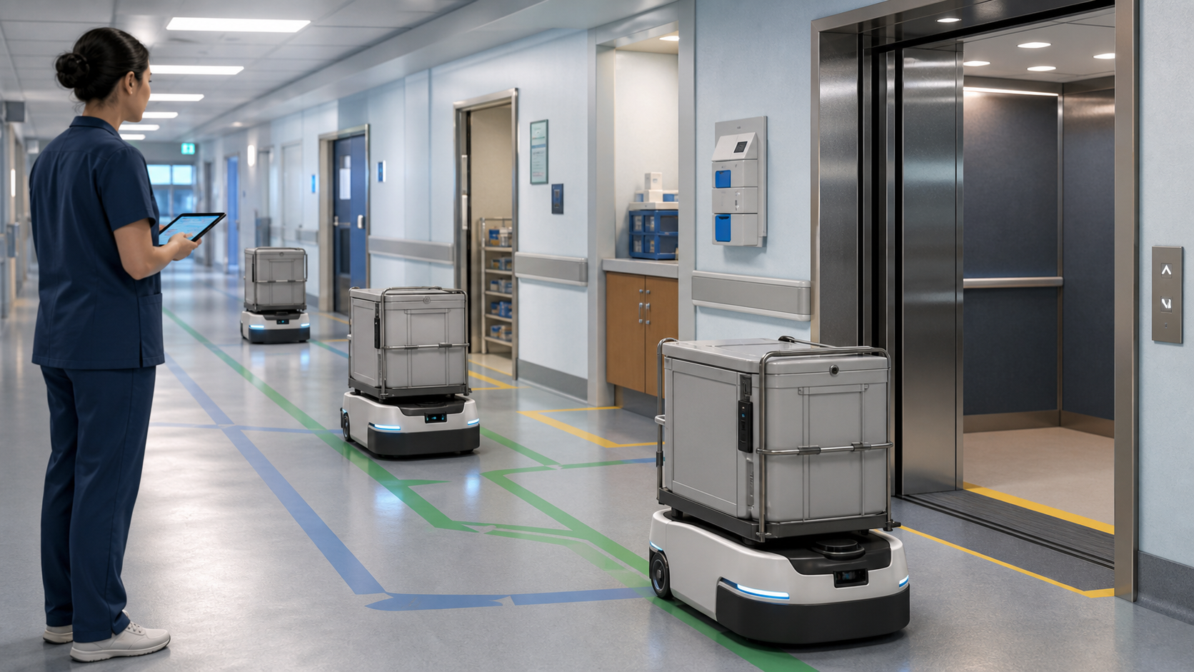 Three compact autonomous hospital delivery robots move sealed medicine carts through a corridor beside an elevator while a staff member monitors a tablet.