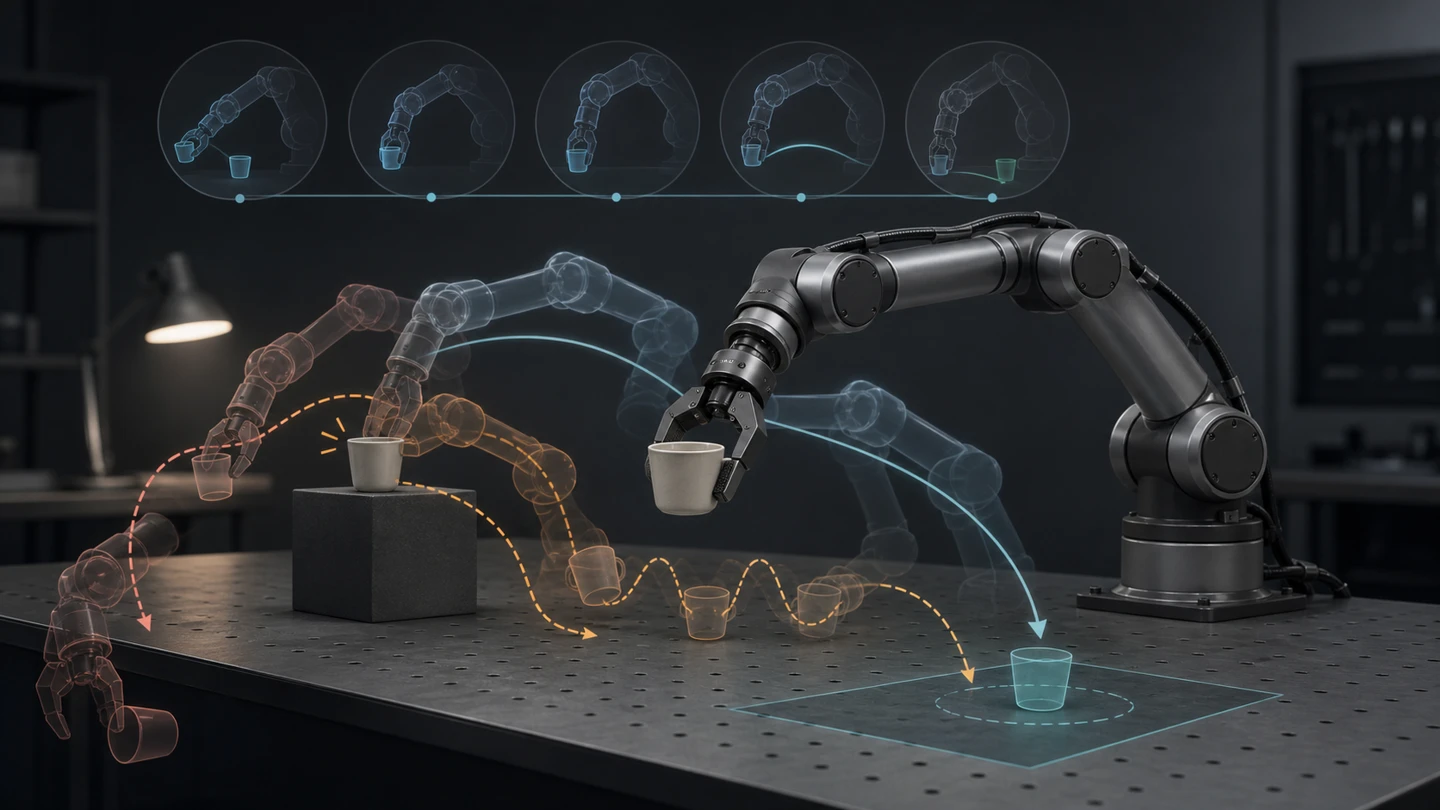 Conceptual illustration of one robot arm following a five-stage cup-moving path while ghosted paths miss, drop and recover