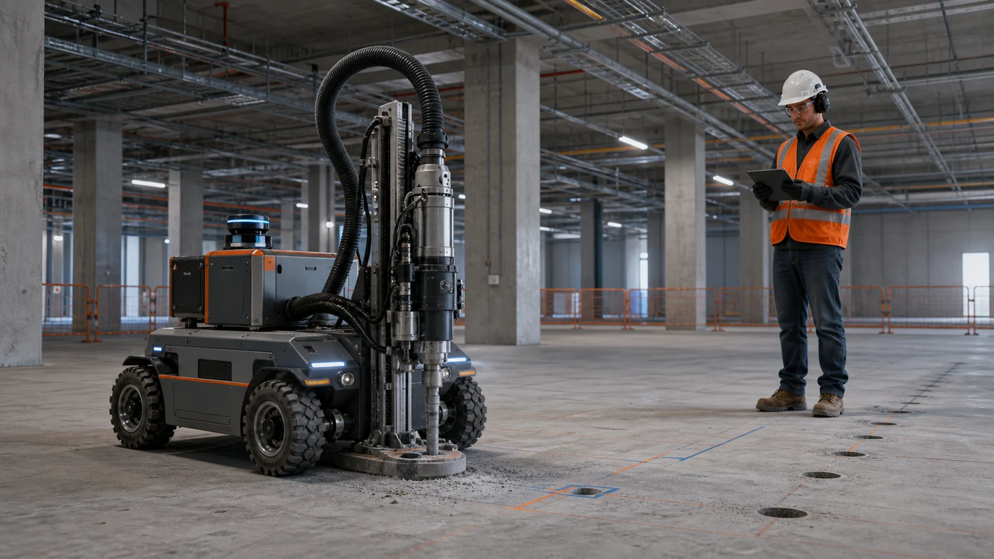 Editorial illustration of an autonomous drilling rover boring into a concrete floor while a protected construction worker supervises by tablet