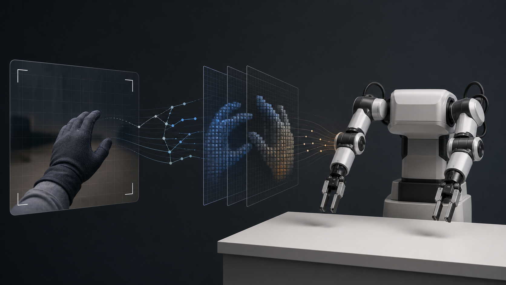 A gloved hand in an abstract camera frame feeds data layers toward a generic two-arm robot over a bare tabletop.