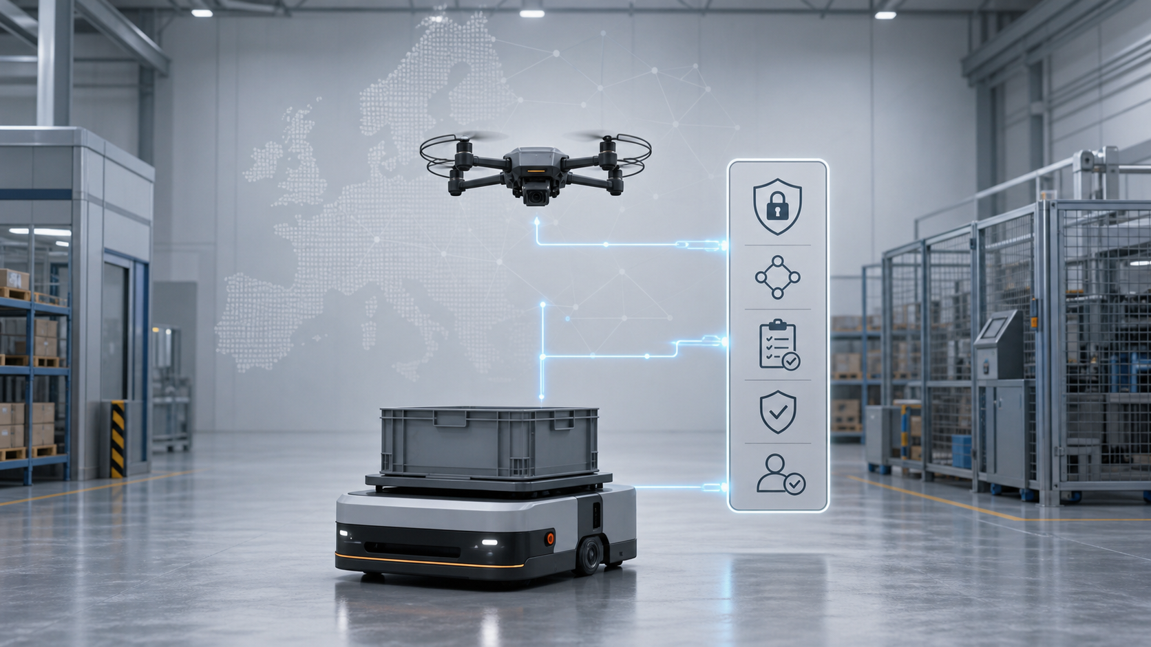 An unbranded autonomous mobile warehouse robot and an industrial drone connect to a central security checklist in a warehouse illustration.