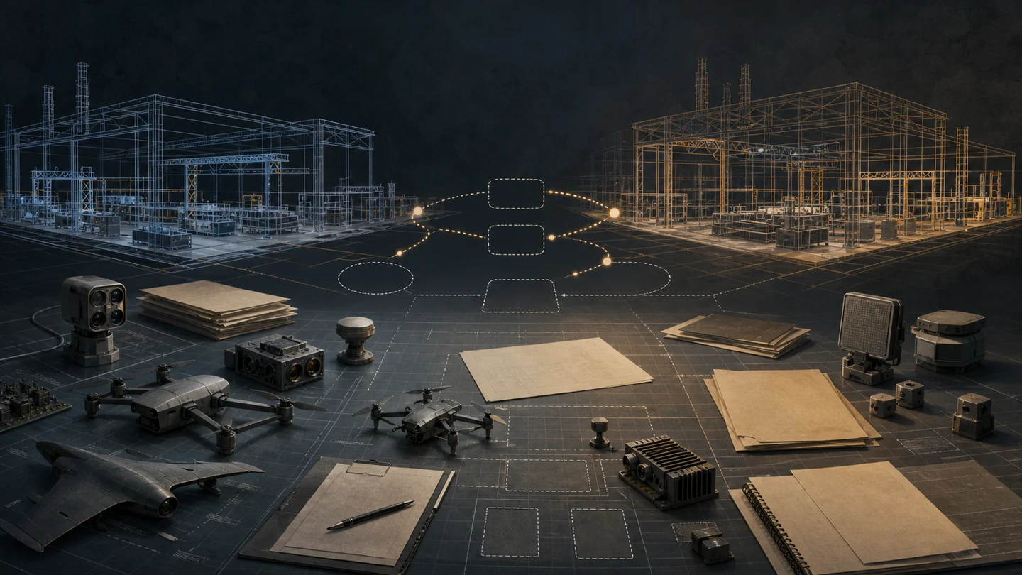 Editorial illustration of unarmed drone components on a planning table before two unfinished factory outlines linked by broken pathways