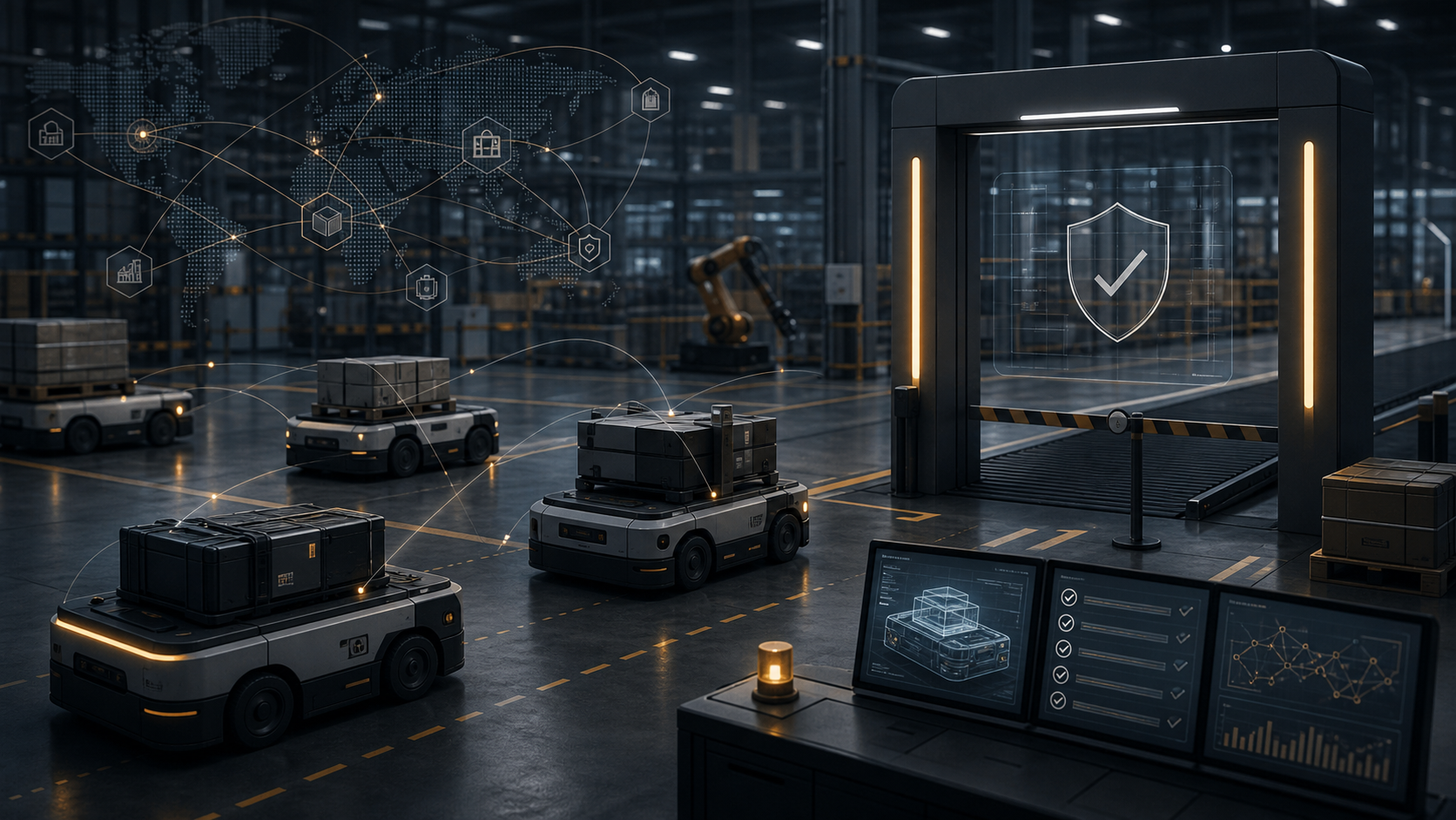 Generic mobile robots move through a networked industrial authorization checkpoint