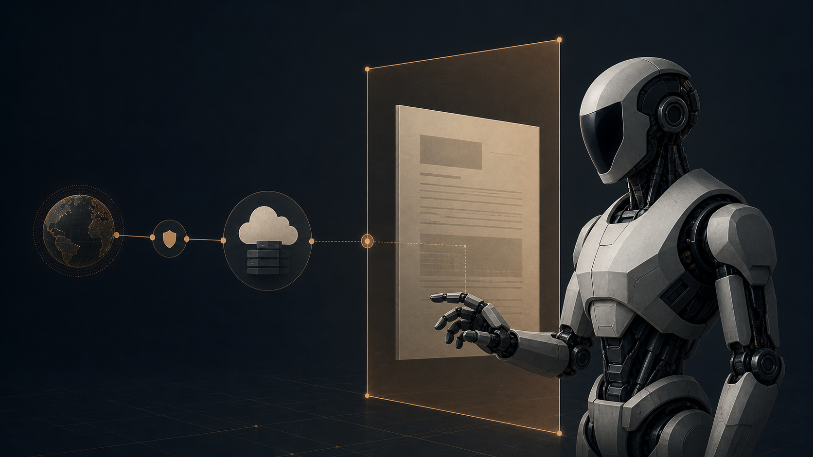A generic network-connected humanoid stands beside a procurement document and a guarded supply-chain link.