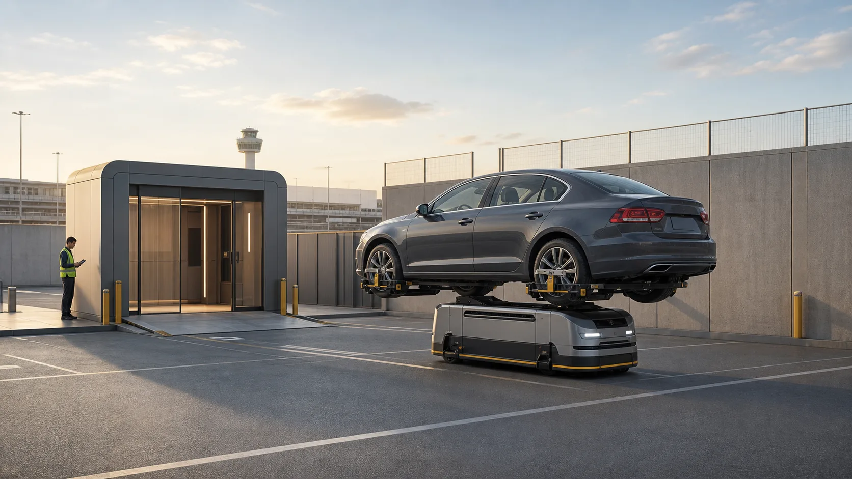 An unbranded autonomous parking robot lifts a passenger car beside an enclosed airport drop-off cabin while a support worker stands nearby.