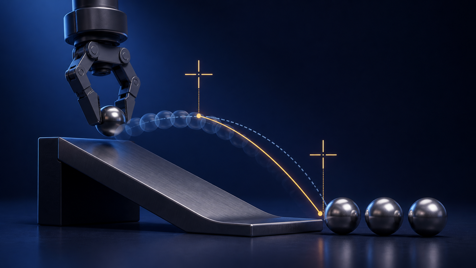 Conceptual robot gripper releasing a metal ball down a ramp with measured and simulated trajectories.