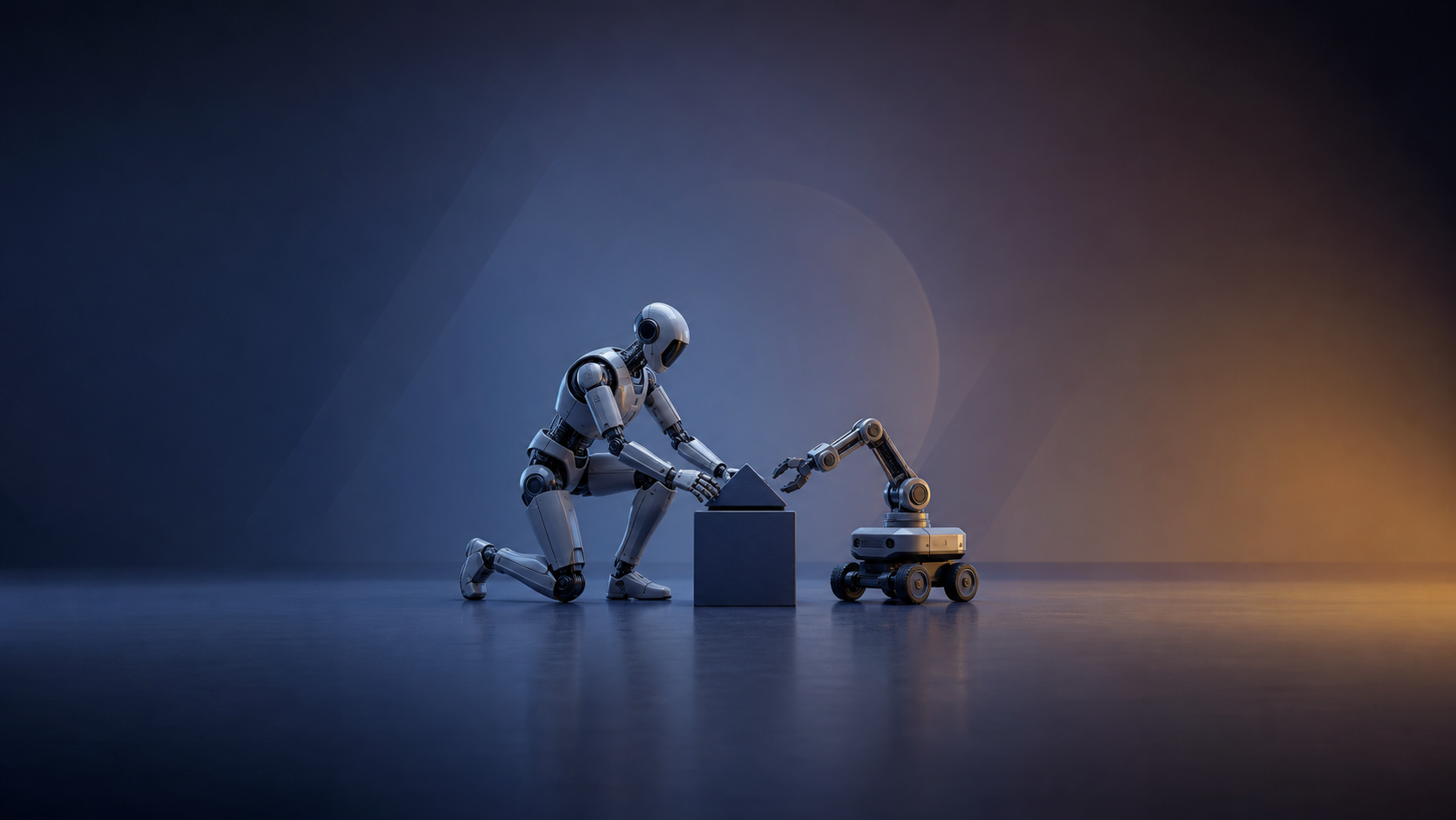 A generic humanoid robot and compact wheeled robot coordinate around a simple object in a conceptual workspace.