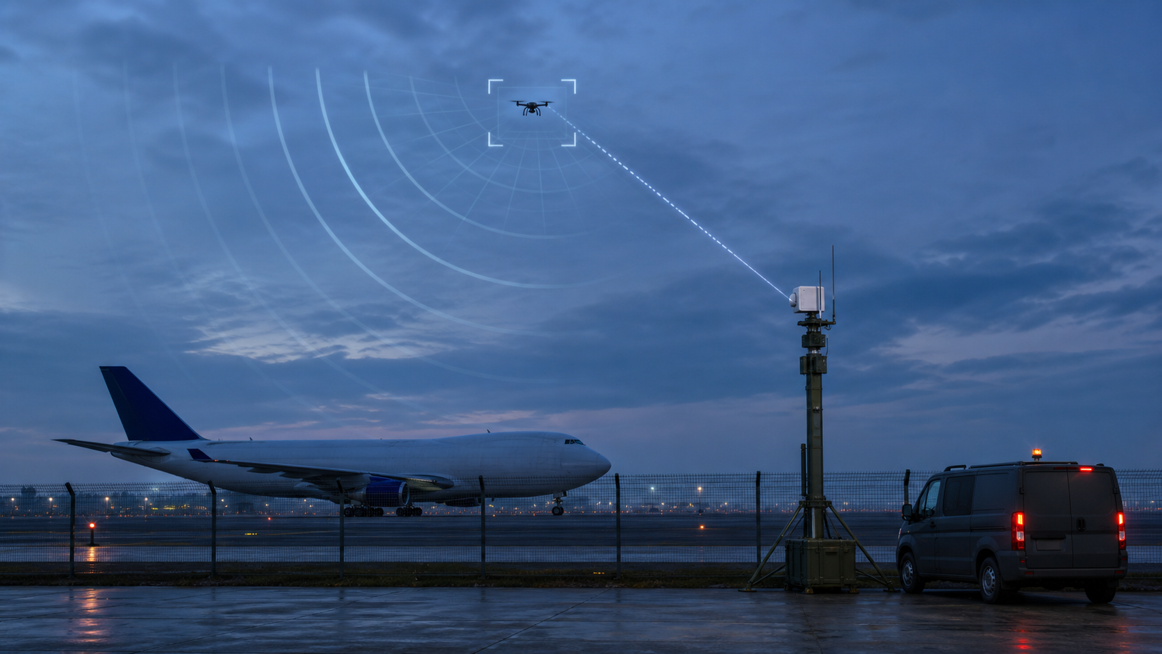A generic cargo aircraft sits behind an airport fence while a detection mast tracks one small drone at blue hour