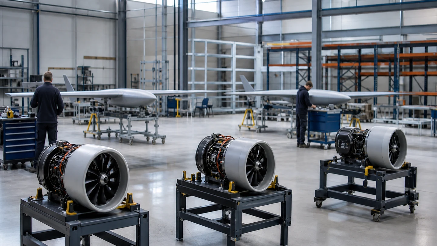 Generic uncrewed airframes and ducted-fan propulsion modules in a partly empty manufacturing hall.