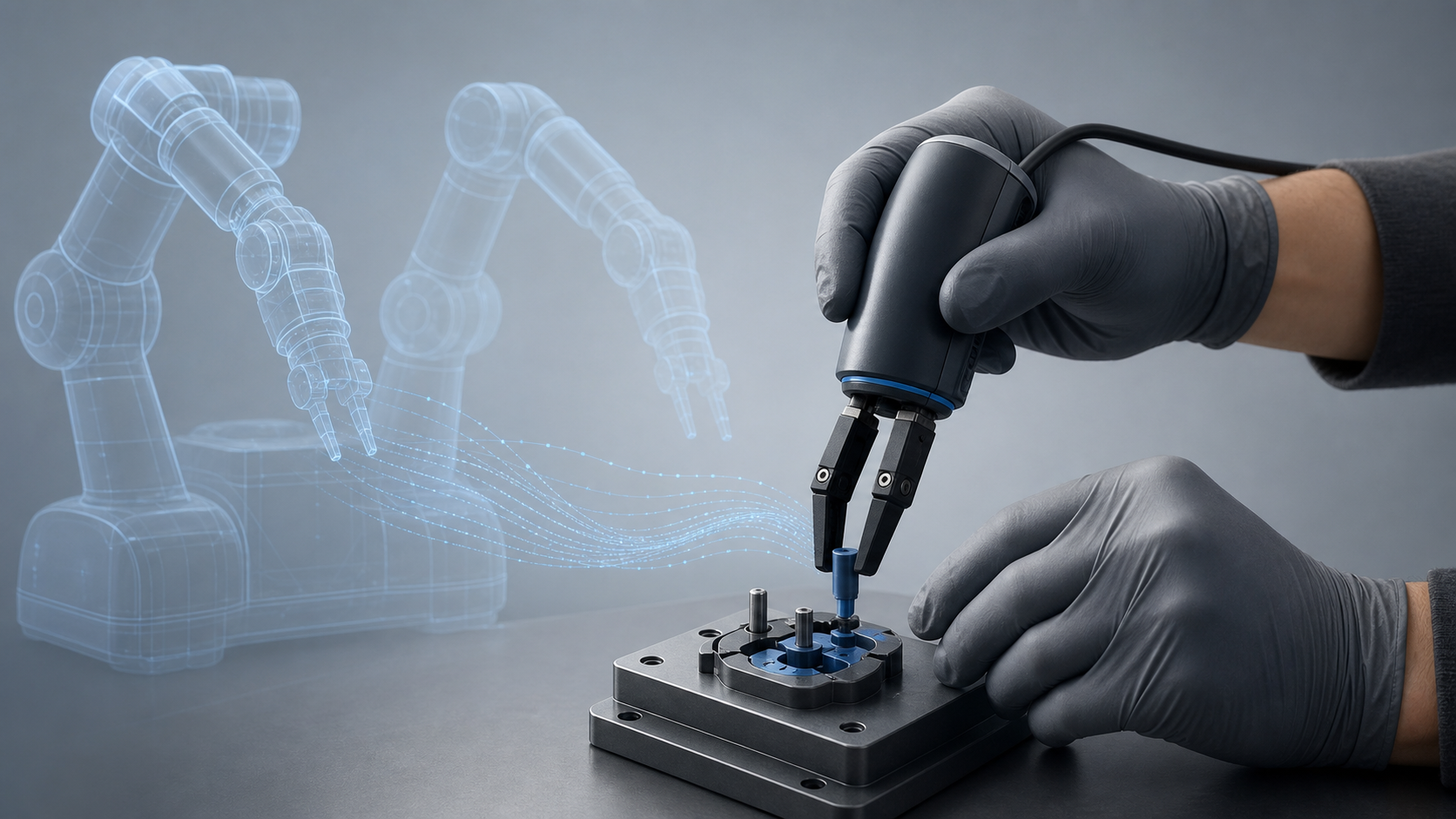 AI-generated illustration of gloved hands using a handheld gripper over a precision fixture, with translucent robot arms behind