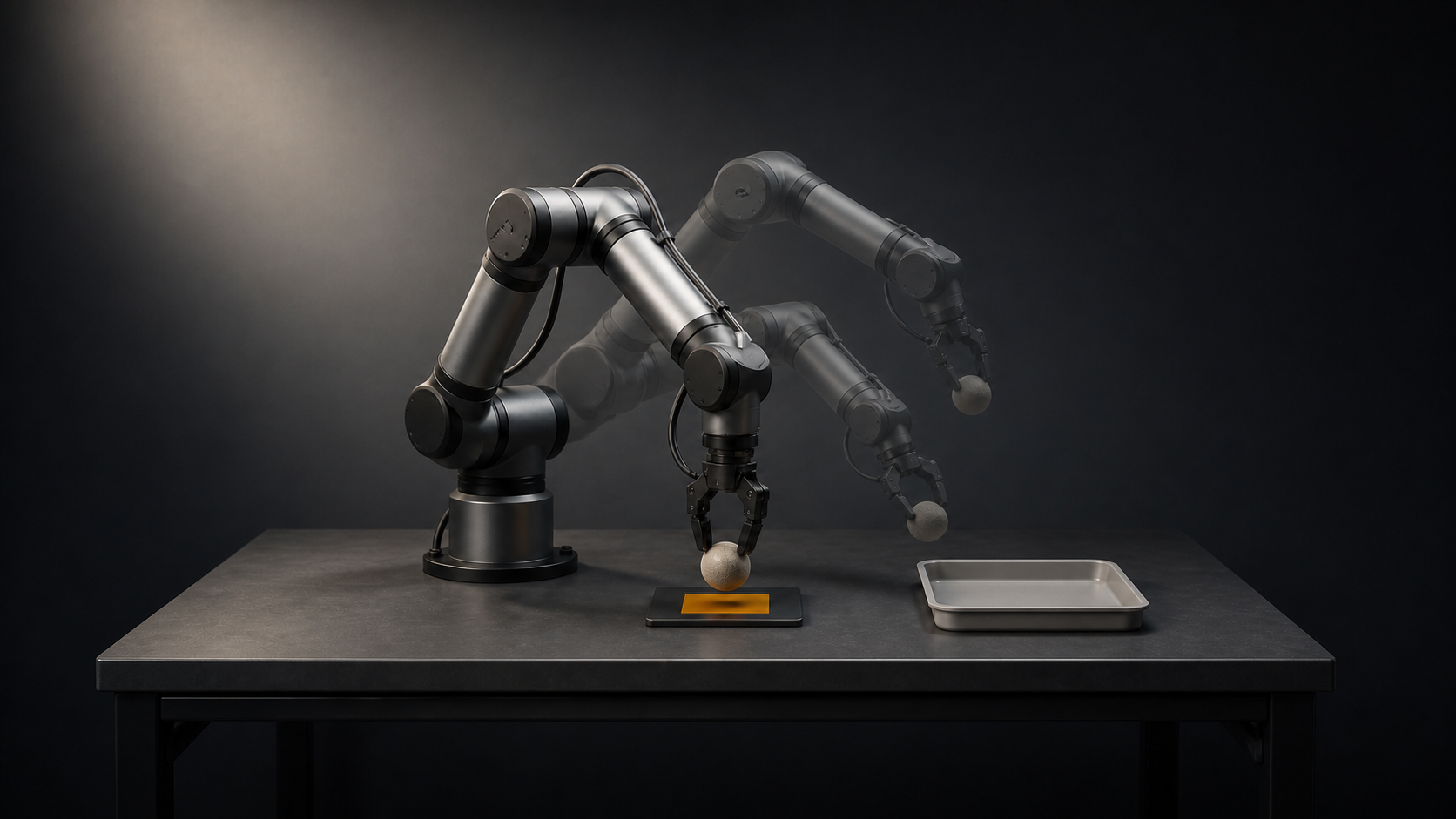A generic robot arm lowers a ball toward an amber target, with translucent earlier positions and a reset tray nearby.