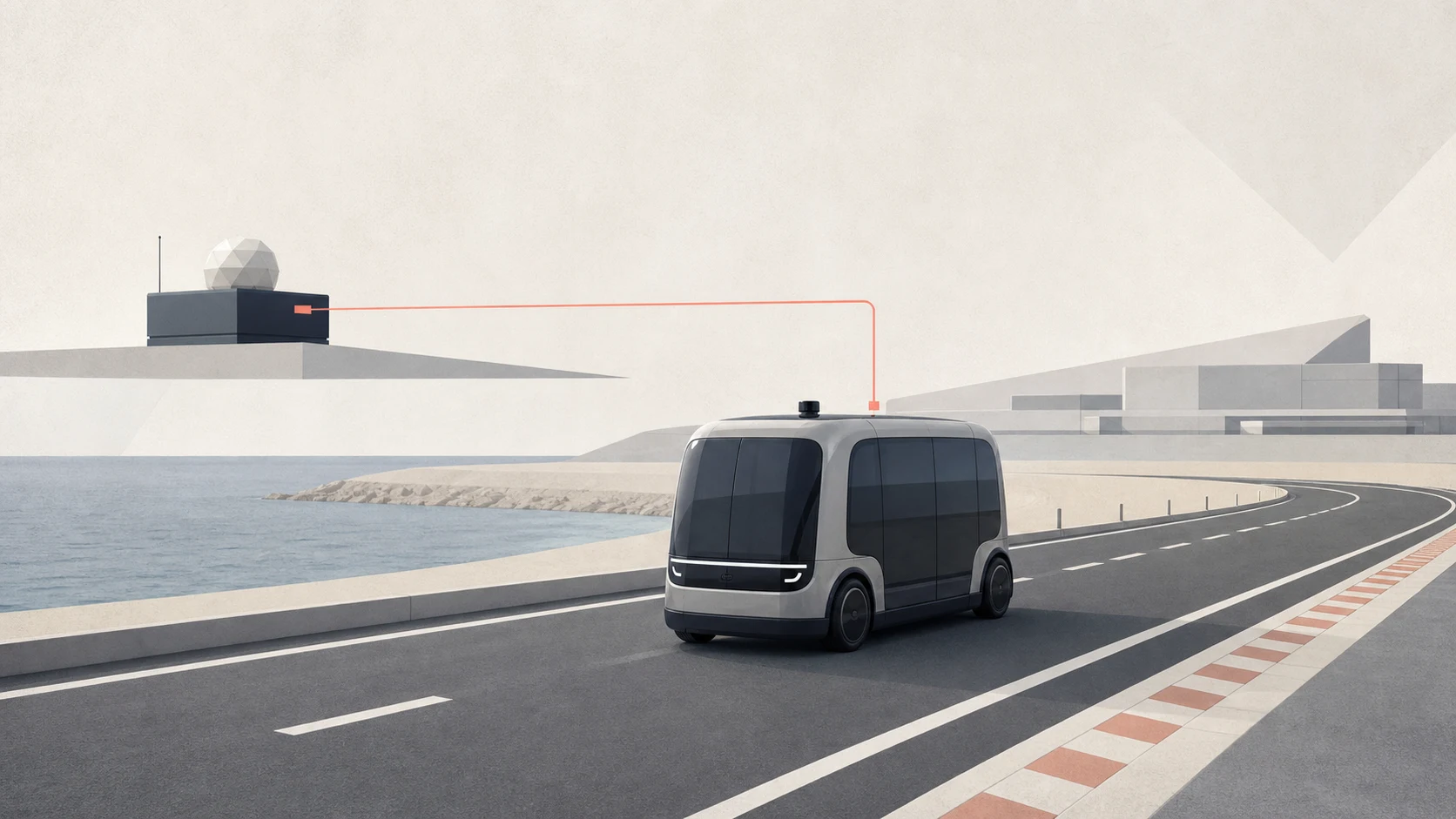 A generic autonomous shuttle follows a marked coastal test lane while a muted signal line connects it to a remote operations node.