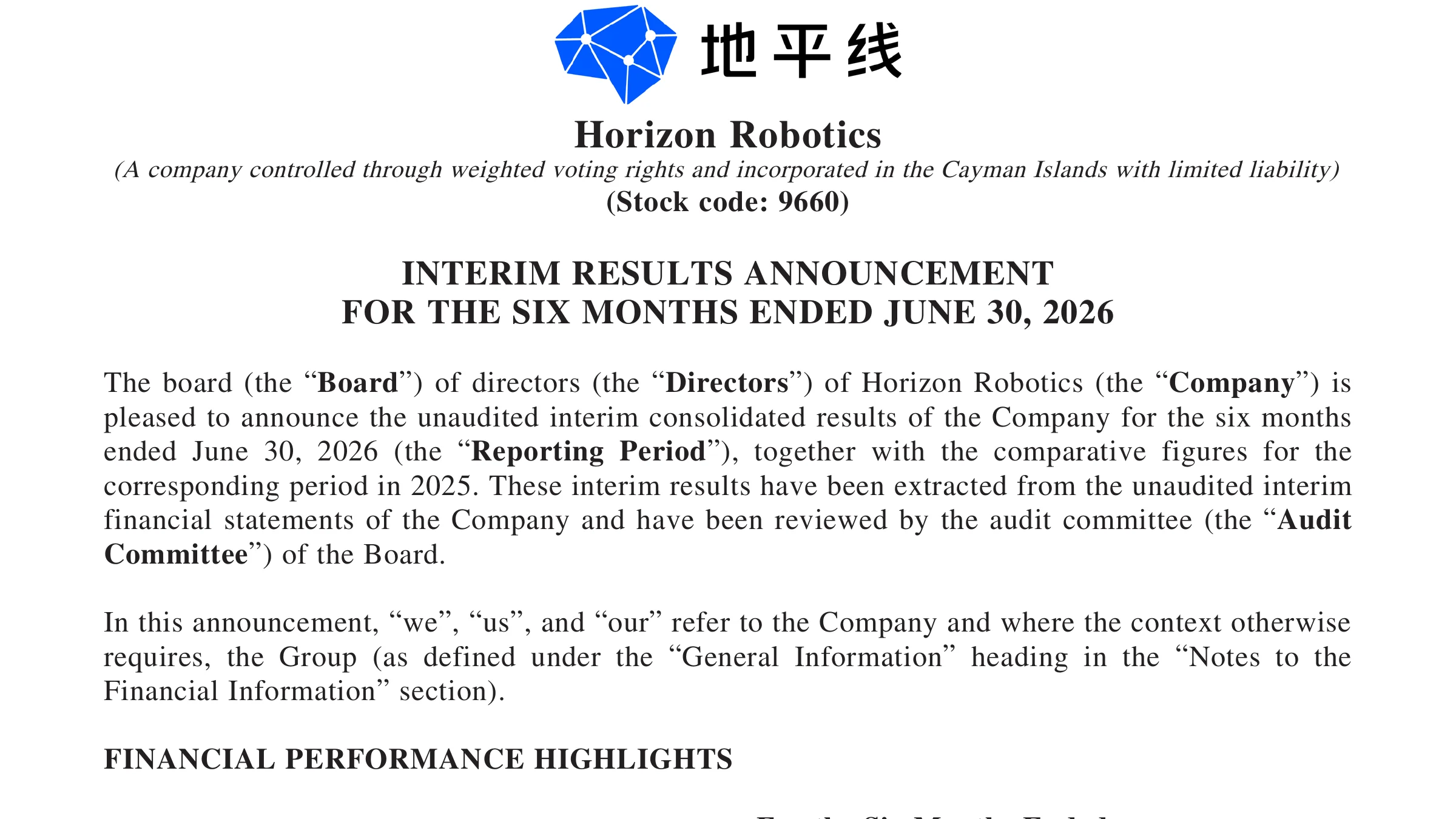 Horizon Robotics’ August 31, 2026 interim-results announcement for the six months ended June 30, 2026