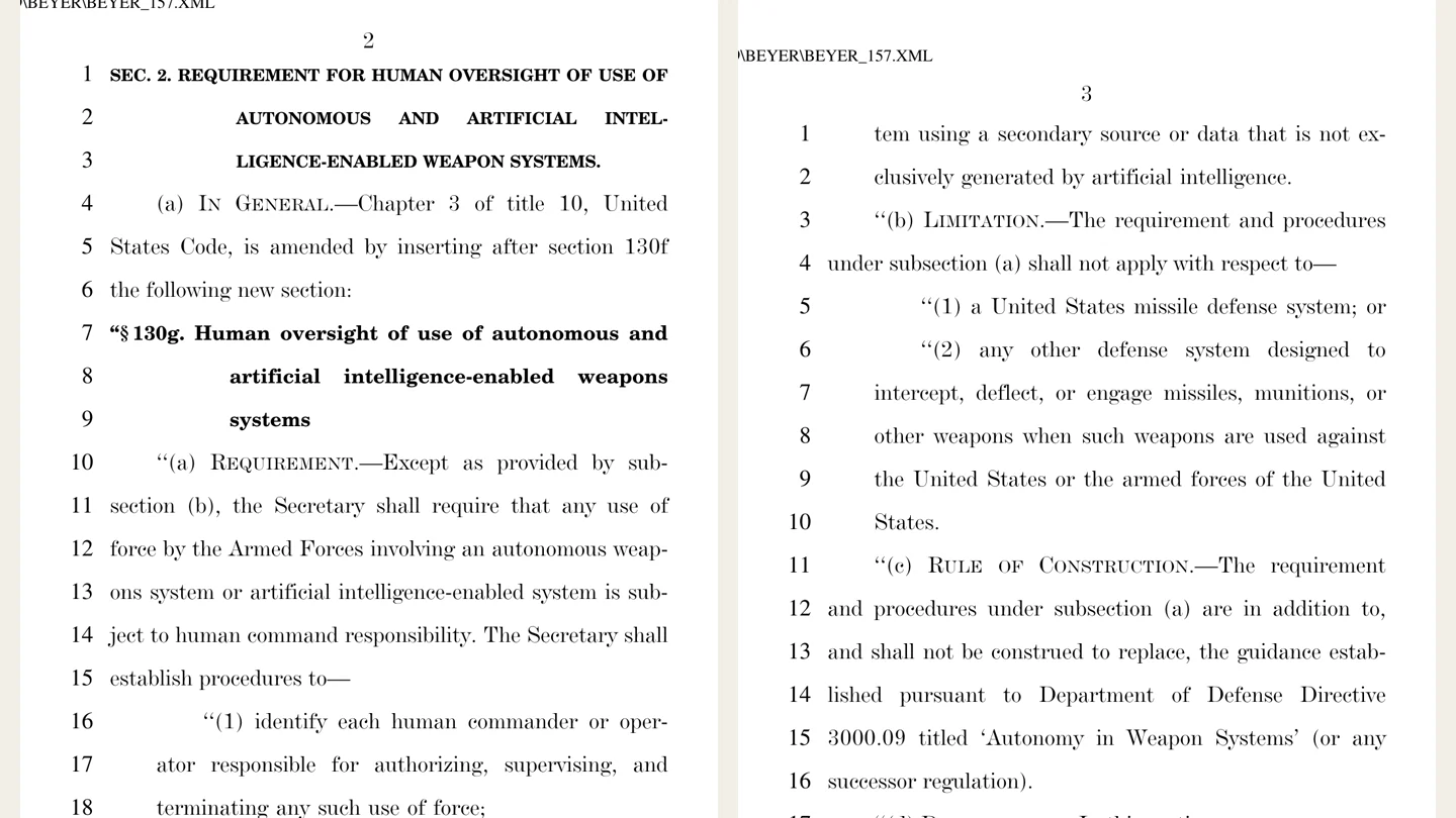 Side-by-side bill-text crop showing proposed human-command requirements and the defensive-interceptor exemption