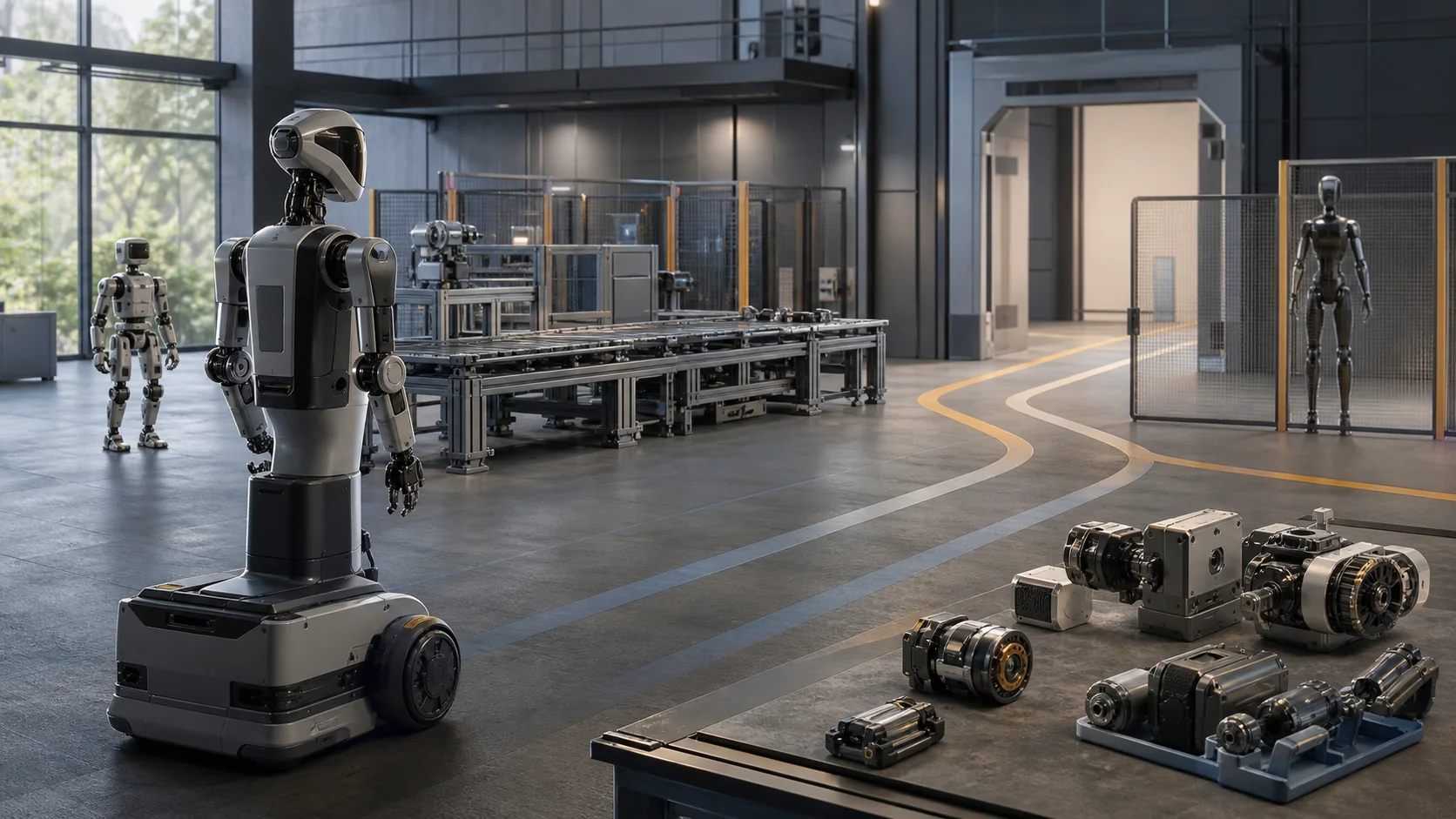 Editorial illustration of three generic humanoid robot concepts and actuator modules in an unbranded factory integration bay