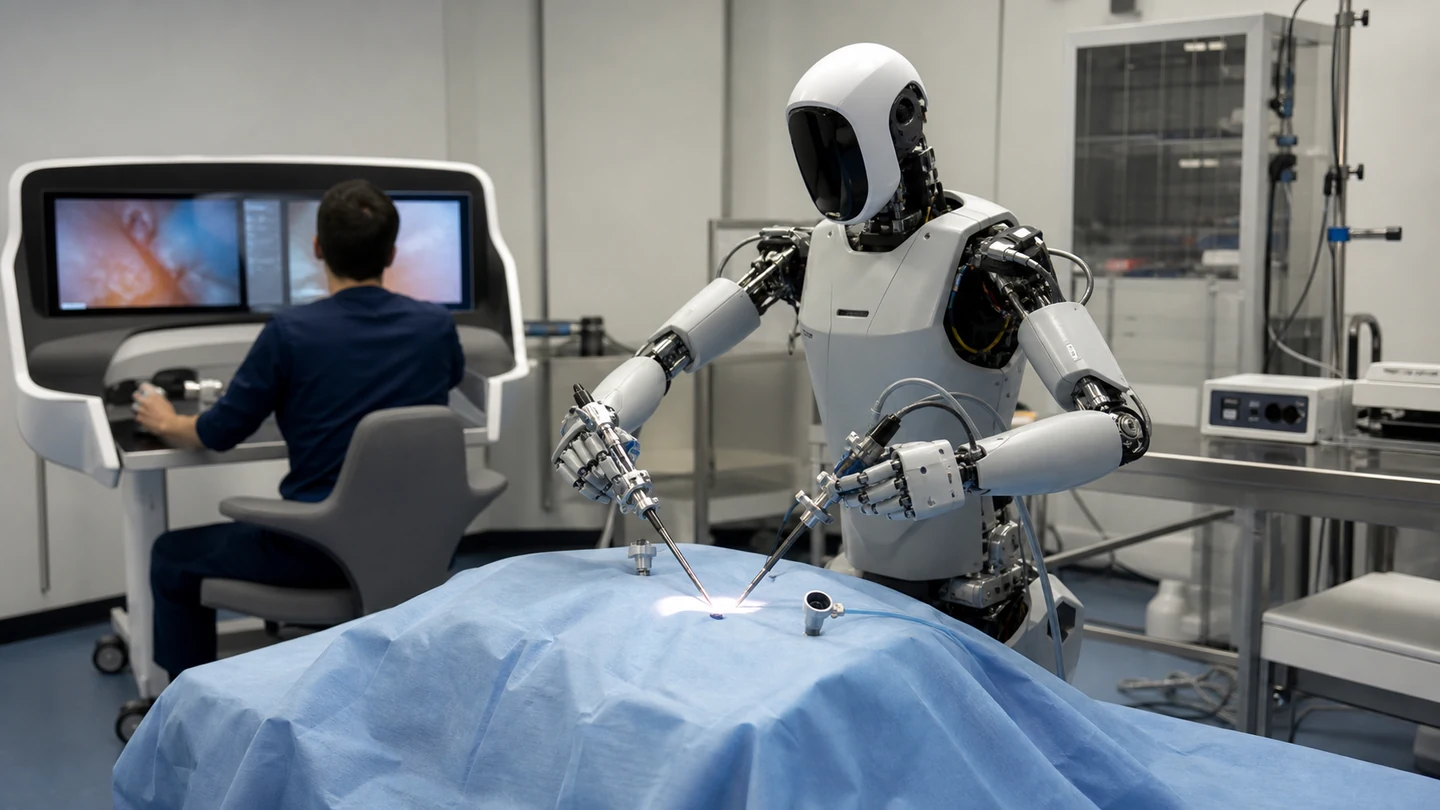 A generic humanoid robot handles laparoscopic tools over a fully draped research platform while a researcher operates a remote console