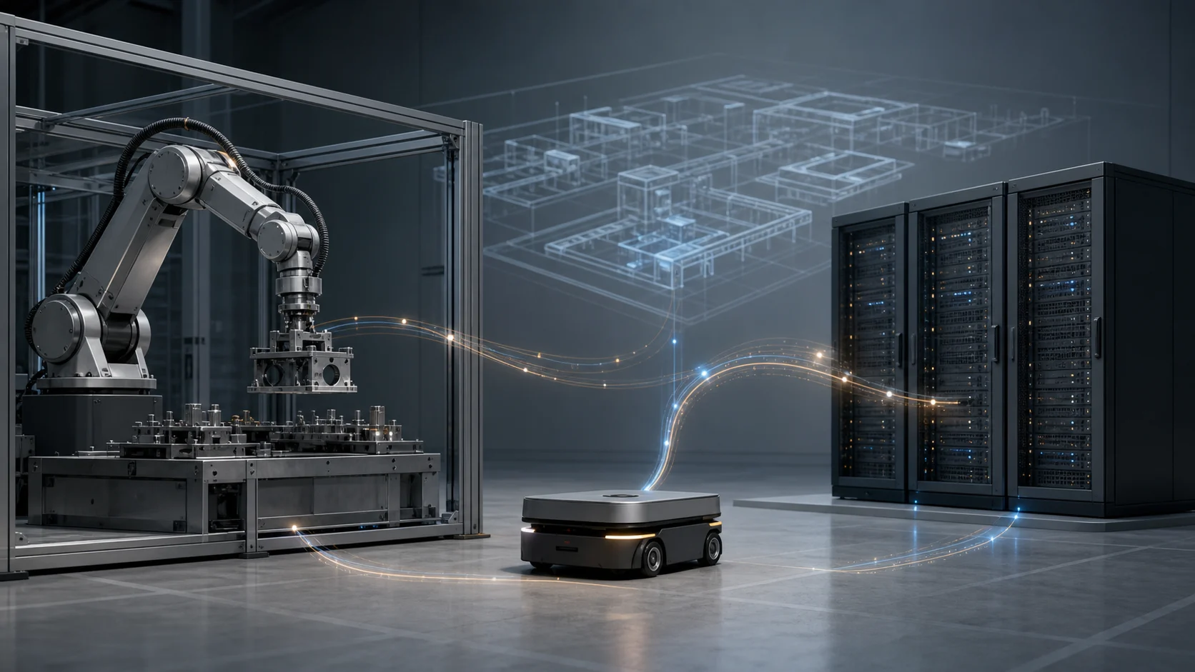 A conceptual industrial robot arm and mobile robot connected by light trails to server racks in a fictional factory setting.