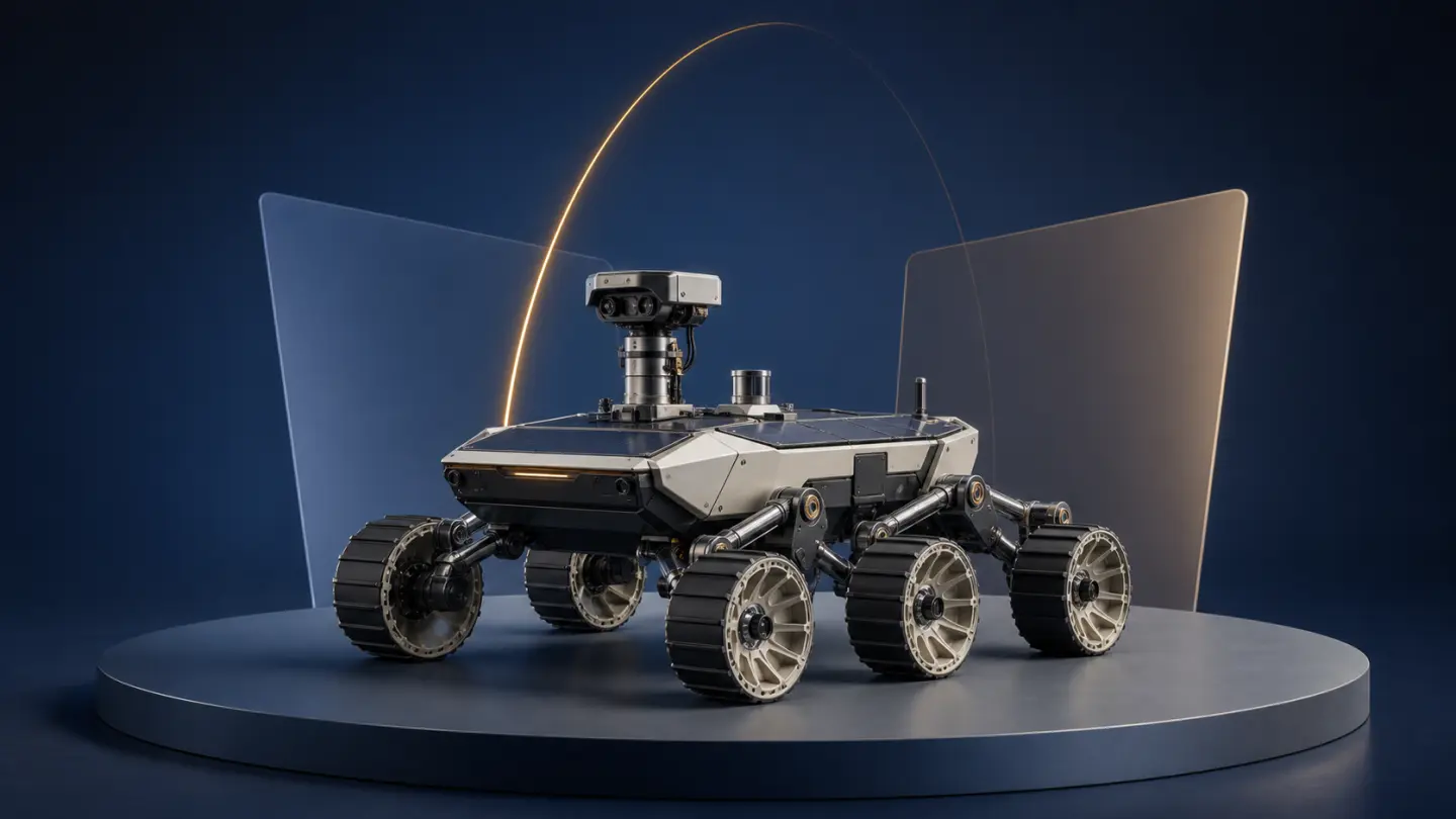 AI-generated conceptual illustration of an unbranded lunar rover prototype on a studio test plinth.