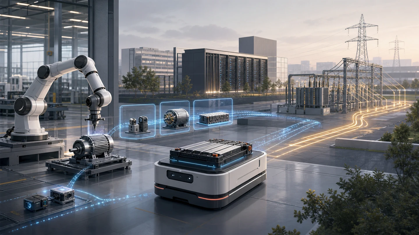 Editorial illustration linking an industrial robot and mobile robot to motors, sensors, batteries, a data center and an electrical substation