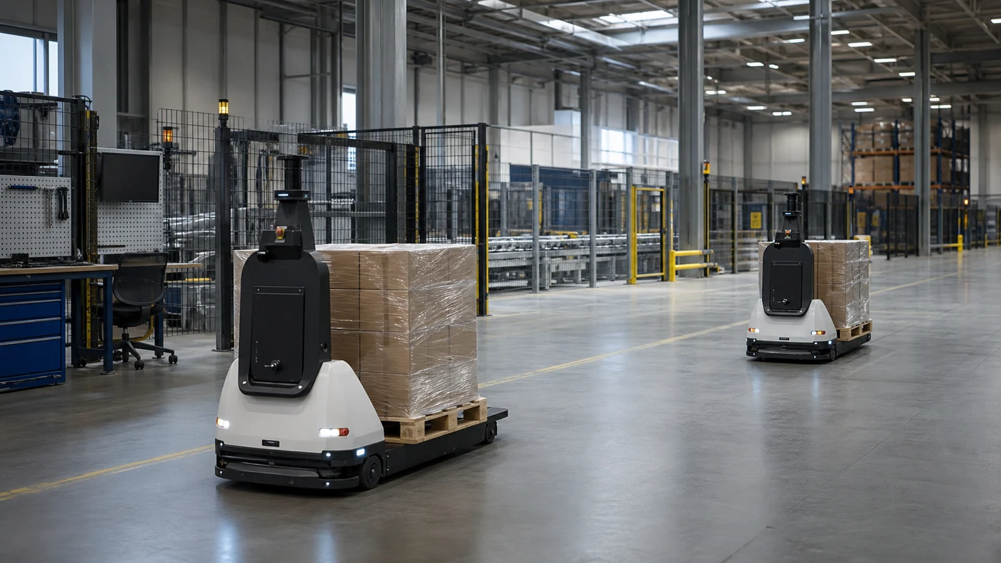 Editorial illustration of two generic autonomous pallet movers in an established warehouse automation center