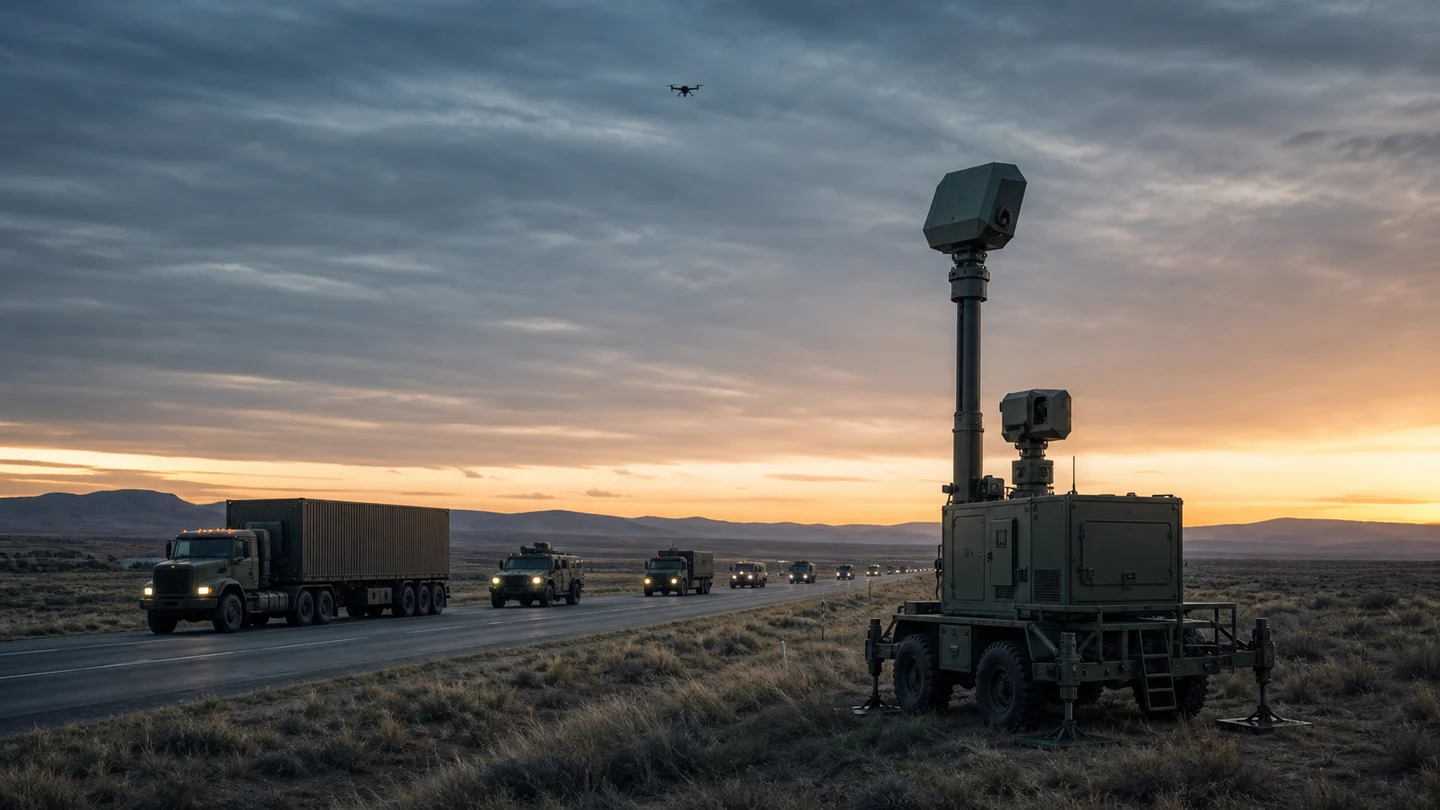Conceptual mobile counter-drone platform beside a secure convoy route at dusk