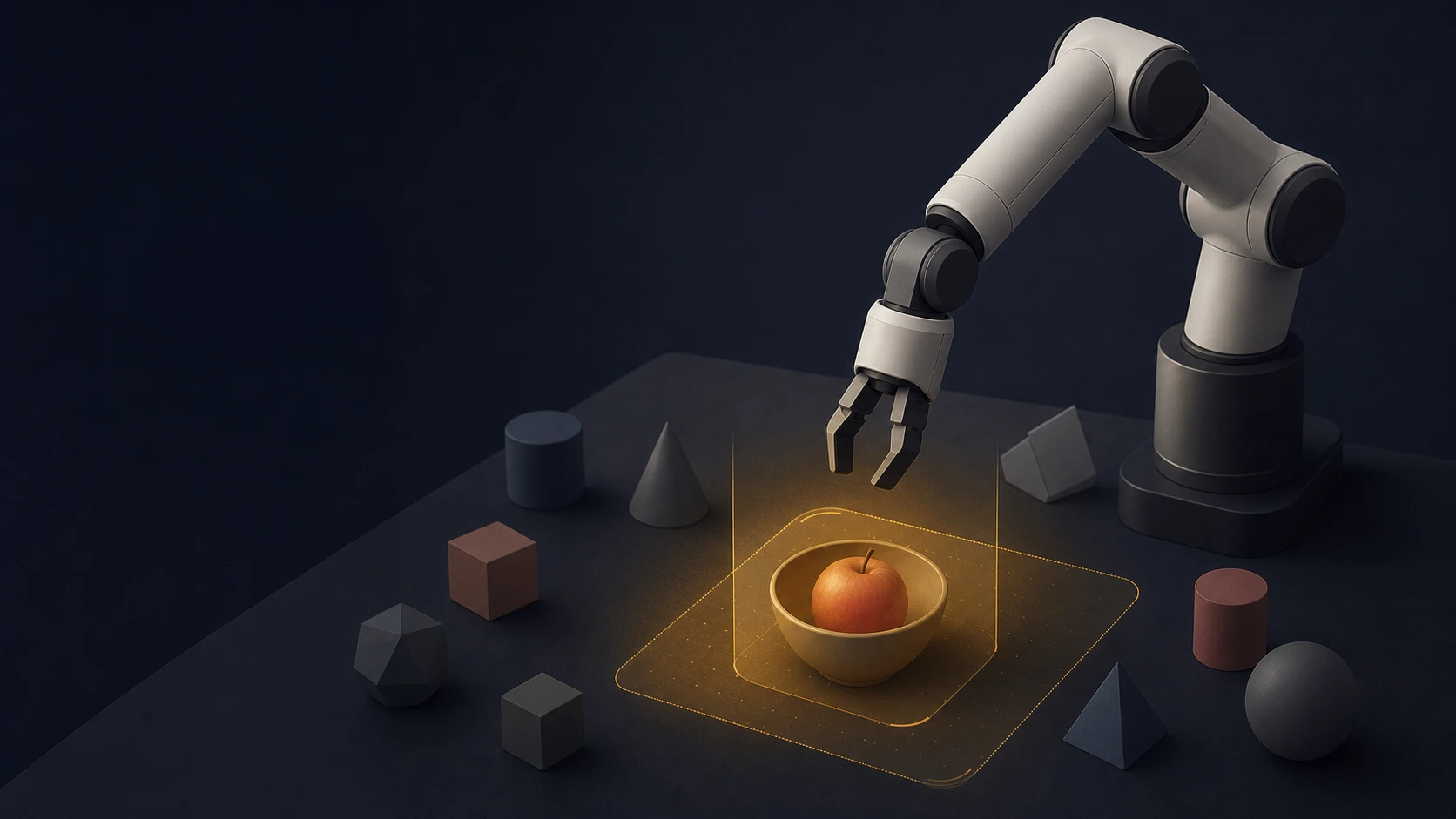 A conceptual robot arm focuses on a fruit in a bowl while surrounding tabletop objects fade outside an amber relevance window.