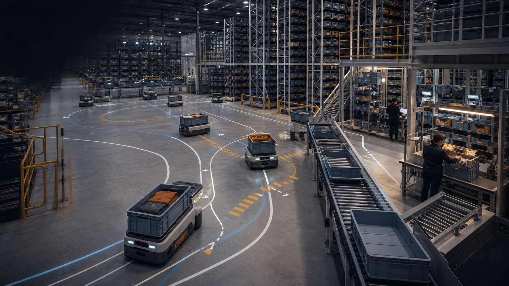 Autonomous warehouse robots move apparel totes beside dense storage racks and a conveyor line.
