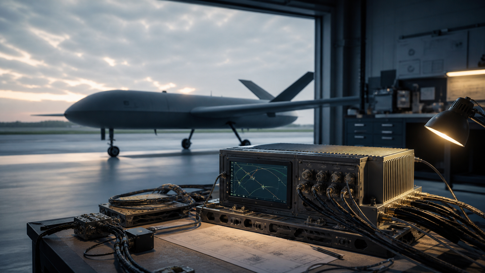 A generic unmanned aircraft outside an aircraft hangar beside avionics equipment on a workbench.