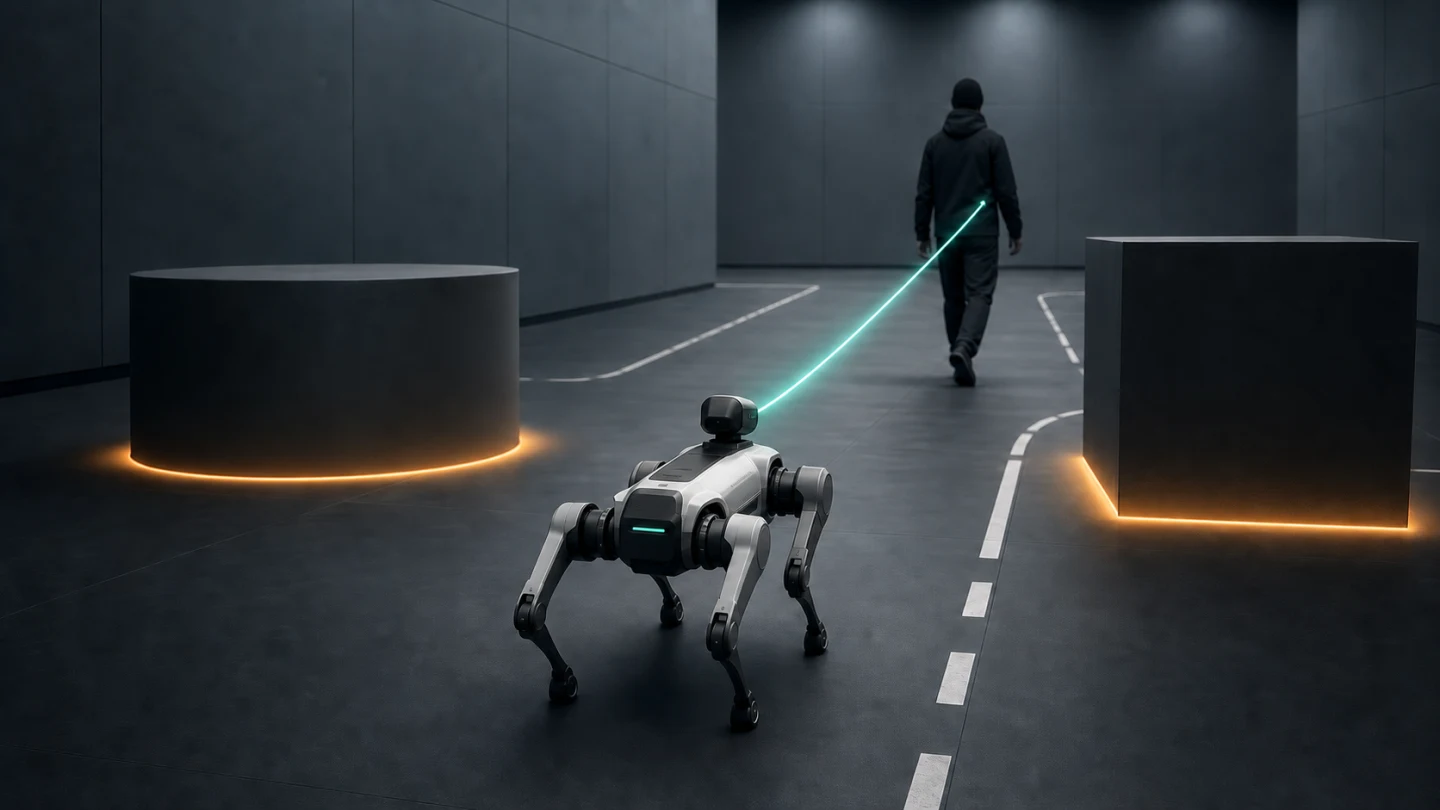 Conceptual illustration of one quadruped robot following one person through an obstacle course with a teal tracking line and amber proximity glows