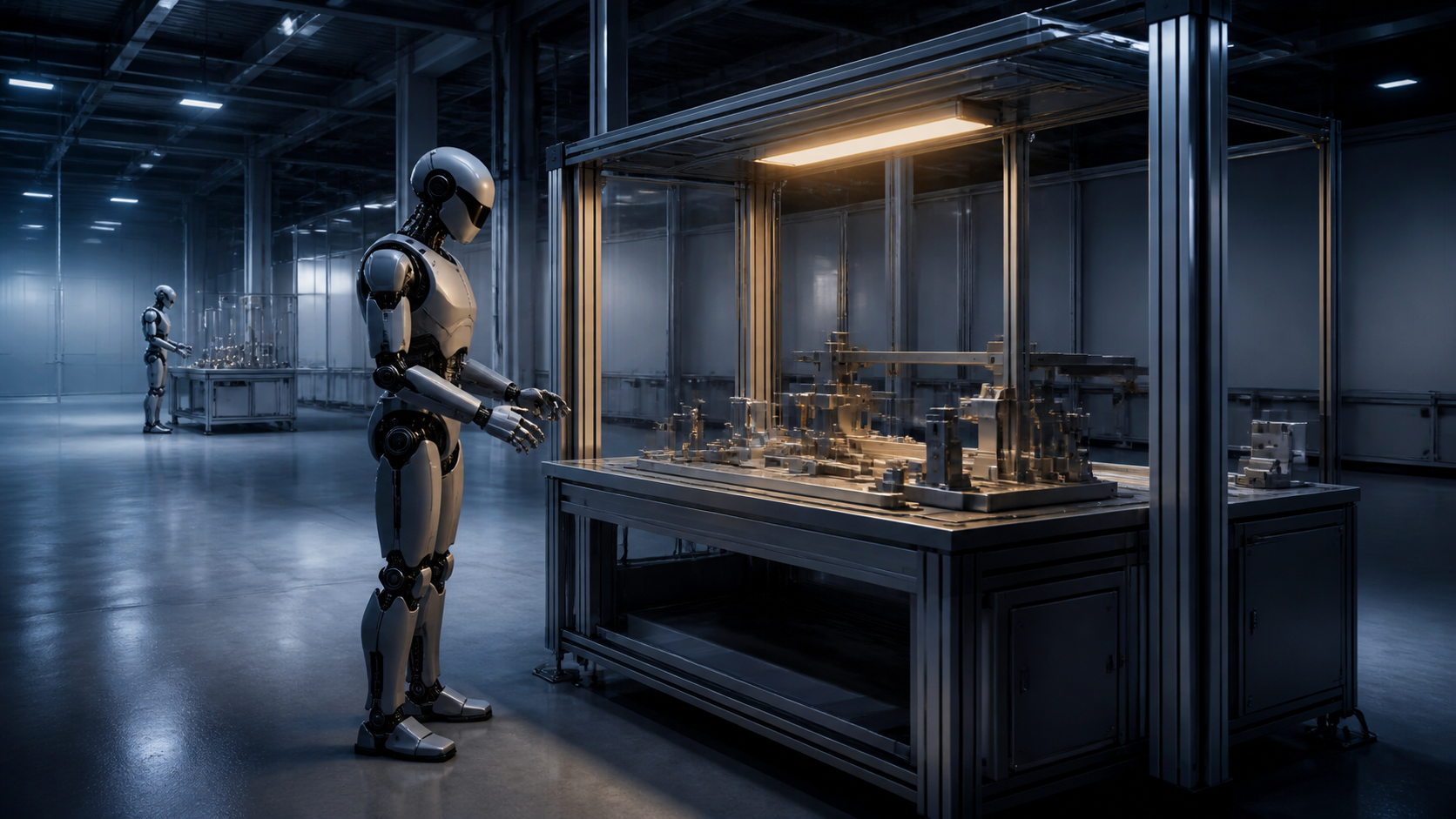 Two generic humanoid robots stand beside an unbranded automotive manufacturing workcell in a conceptual factory scene.