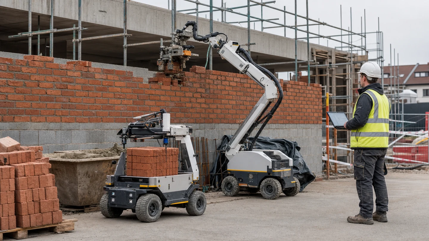 Editorial illustration of two generic construction robots laying bricks while a protected operator monitors them