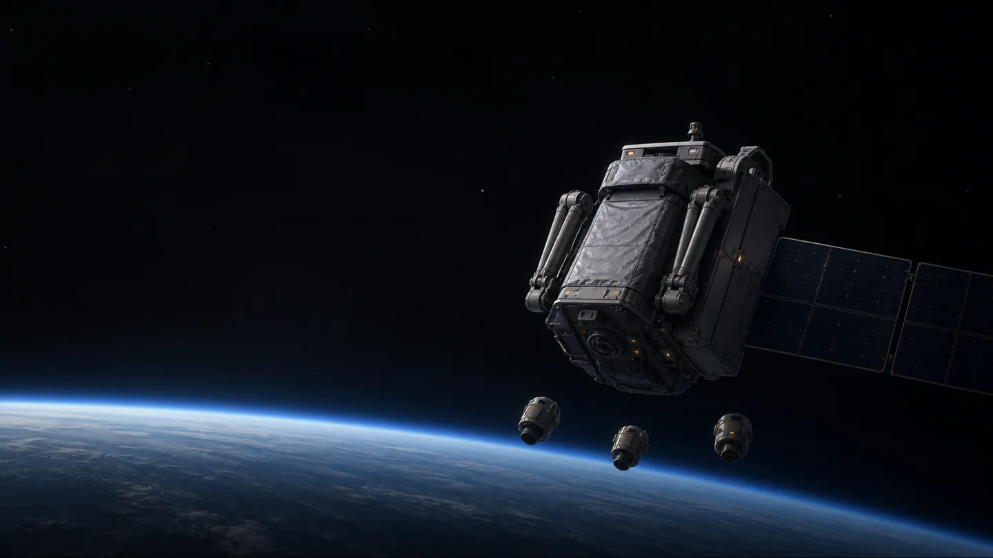 Editorial illustration of a generic spacecraft with folded robotic arms and three propulsion pods above Earth’s limb
