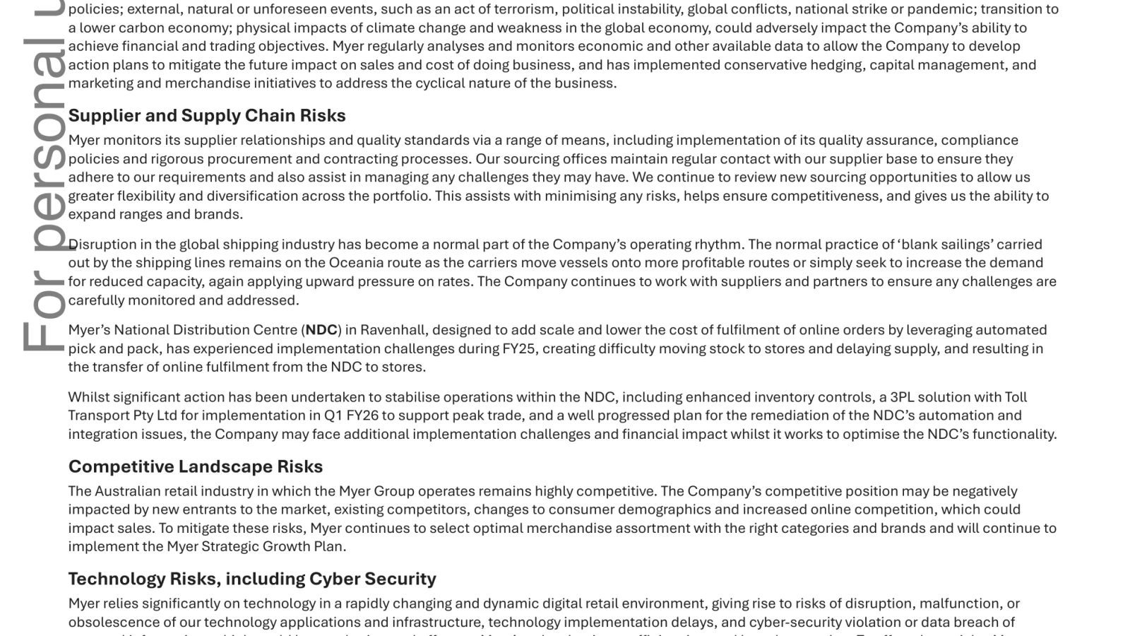 Source-document capture of Myer’s annual report section on National Distribution Centre supply-chain and technology risks.