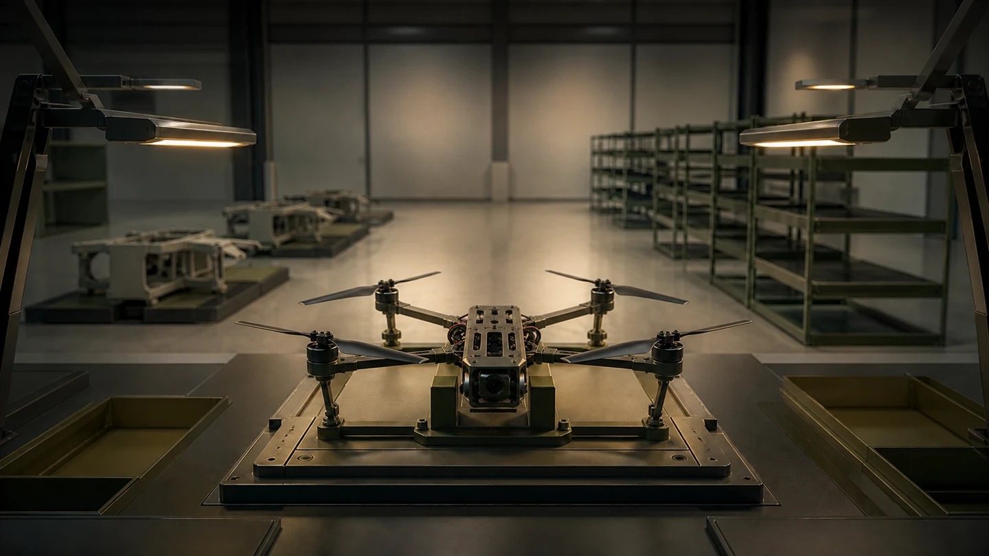 Editorial illustration of an unbranded open-frame quadcopter on an inspection jig in an otherwise sparse factory work area