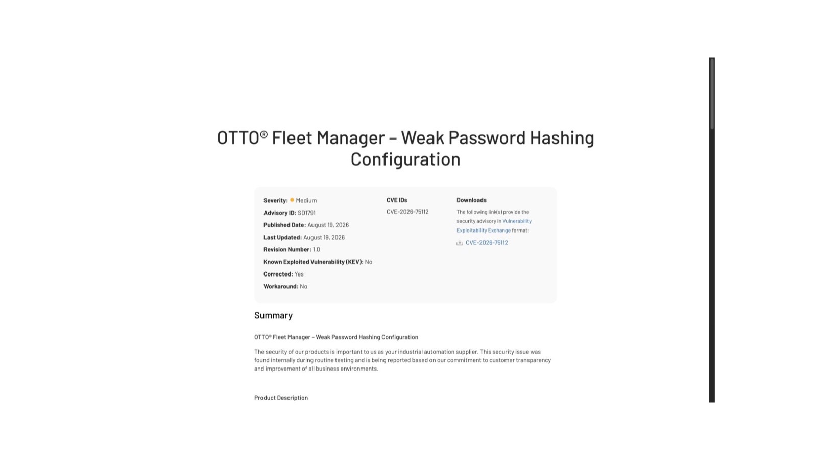 Rockwell Automation security advisory page for OTTO Fleet Manager weak password hashing configuration, showing medium severity, CVE-2026-75112, and corrected status