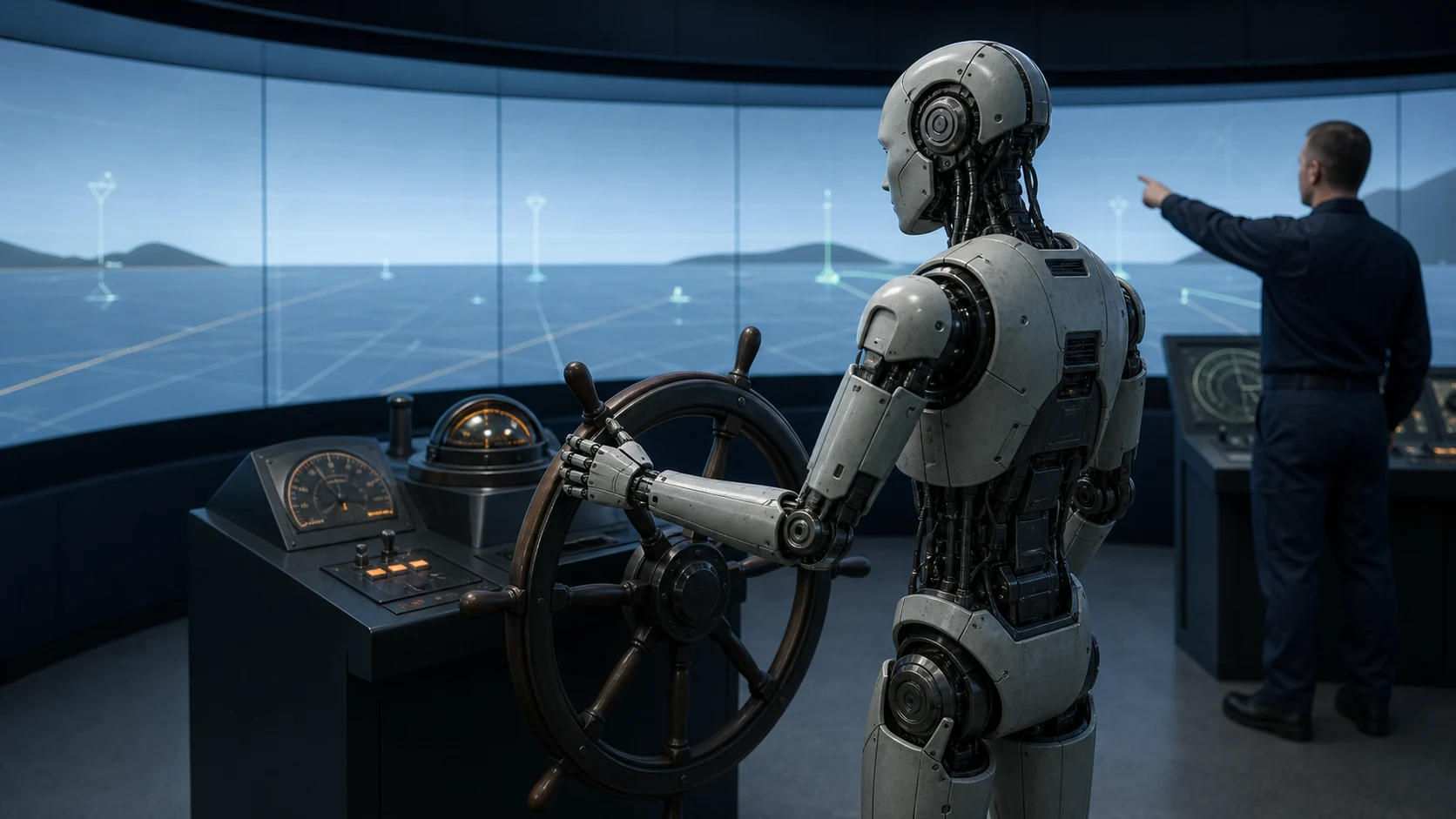 A humanoid robot turns a ship's wheel in a generic naval bridge simulator while a human officer observes