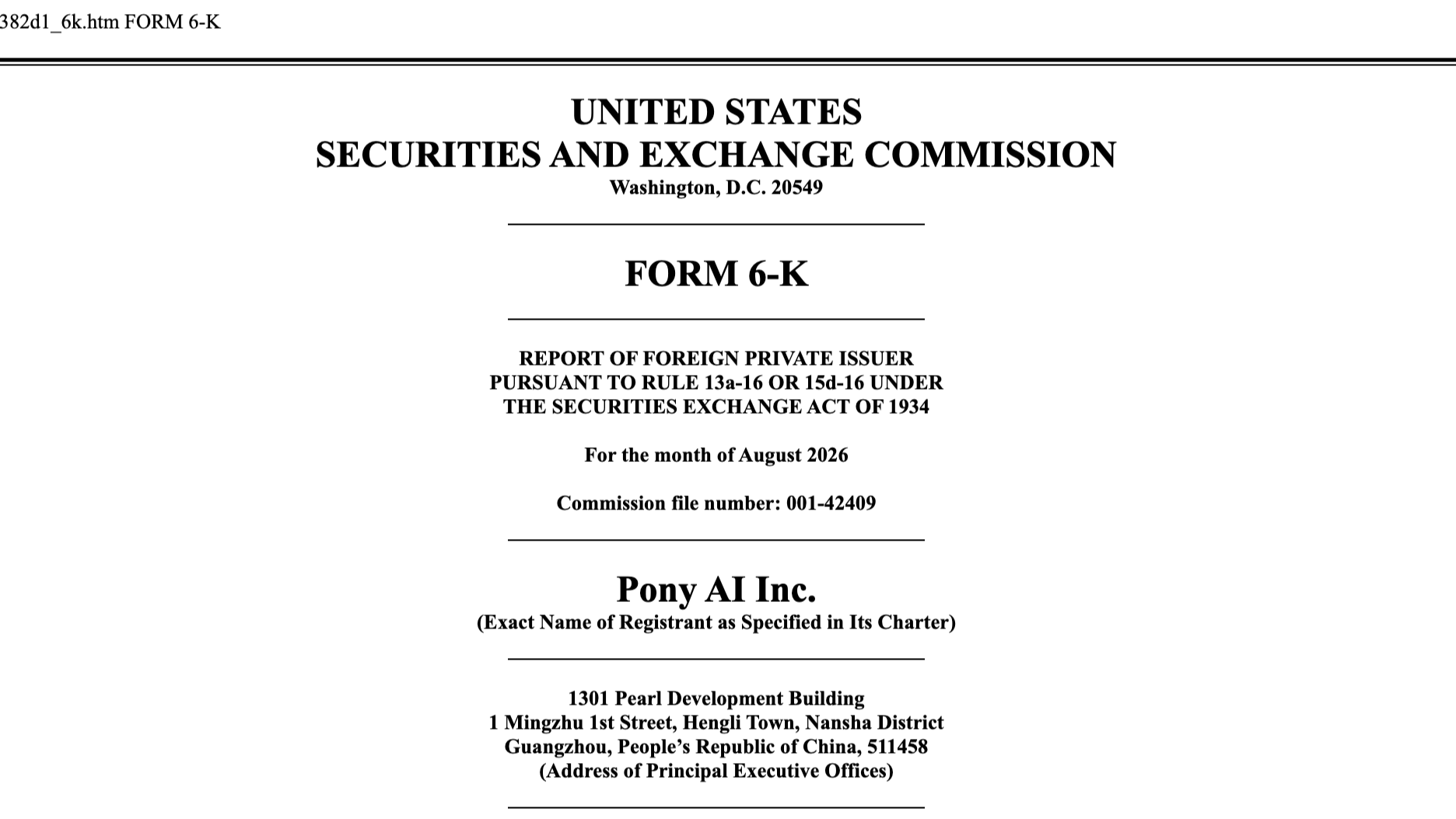 The cover page of Pony AI’s August 2026 Form 6-K filed with the U.S. Securities and Exchange Commission.