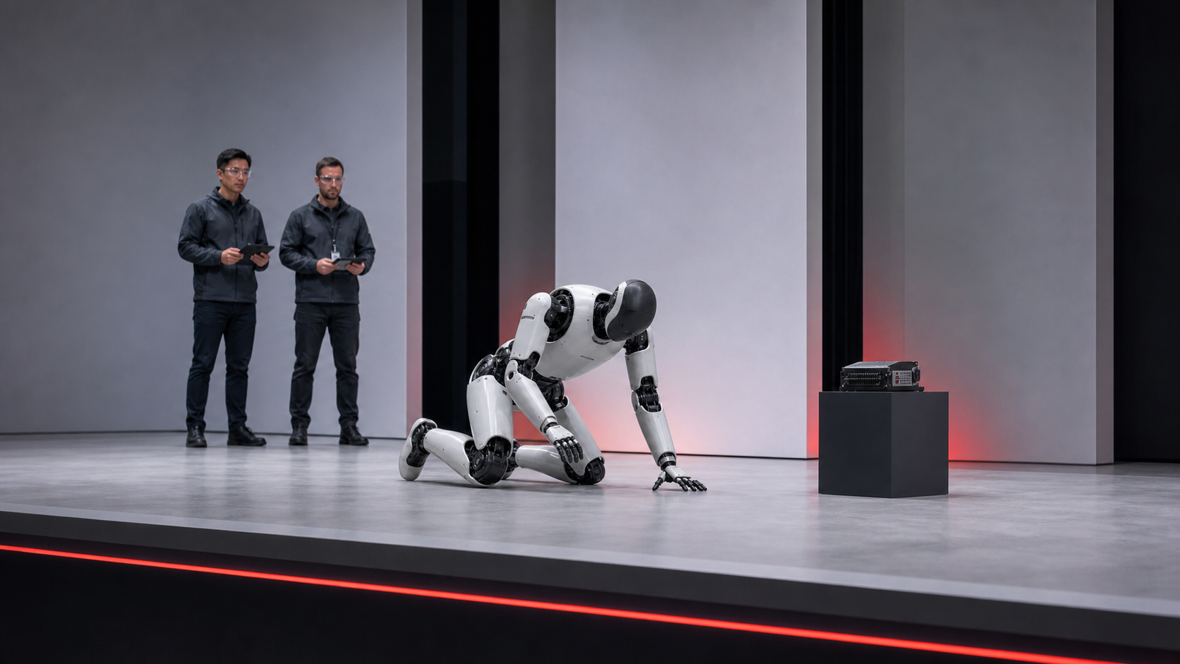 An unbranded humanoid robot lowers into a protective kneeling posture on a technology conference stage
