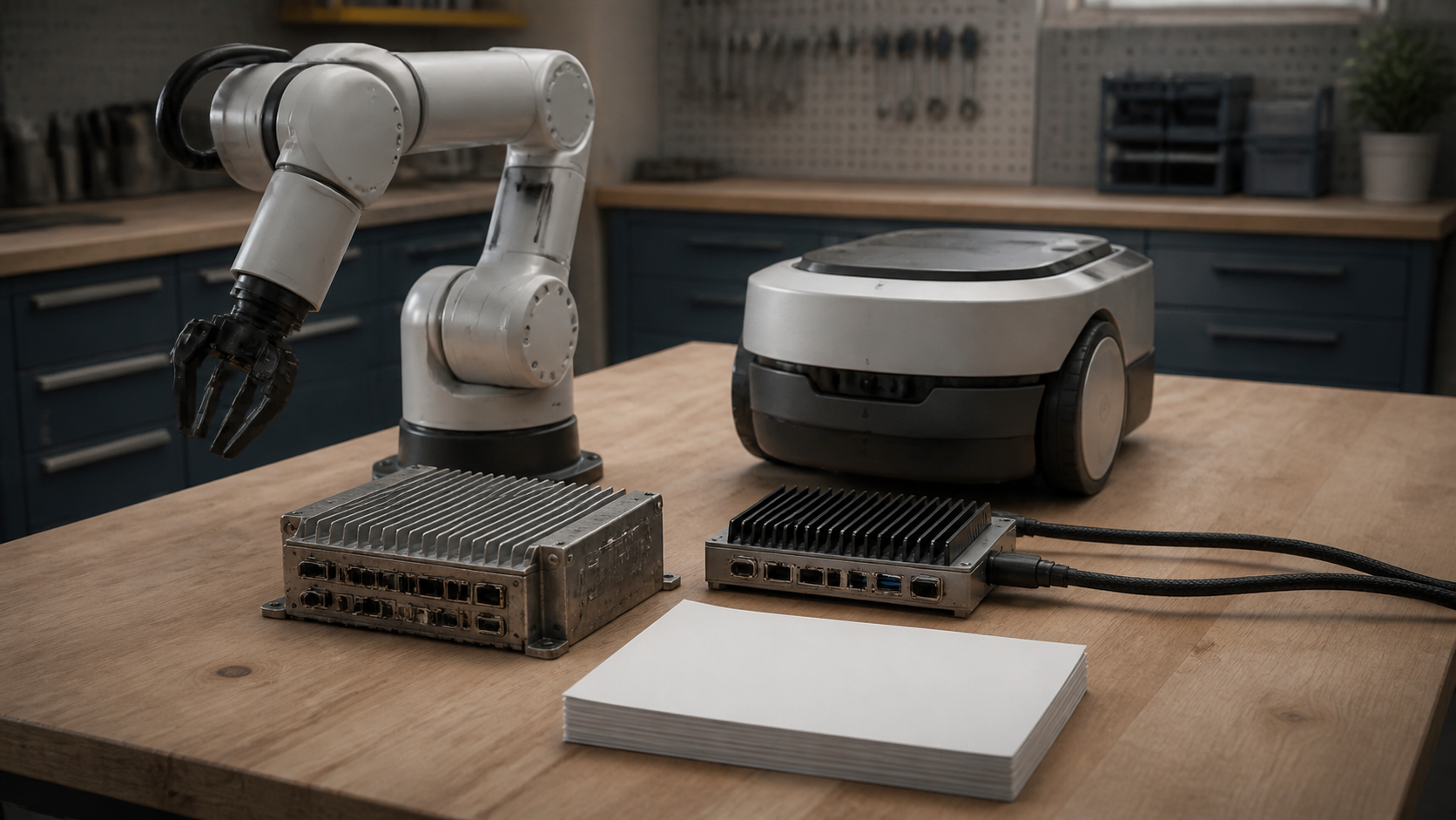 A generic service robot and two unlabeled control modules on a workbench beside blank papers.