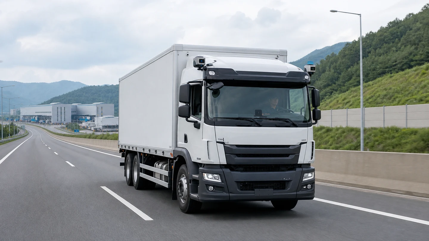 Editorial illustration of a supervised autonomous heavy-duty parcel truck approaching a logistics hub on a South Korean highway